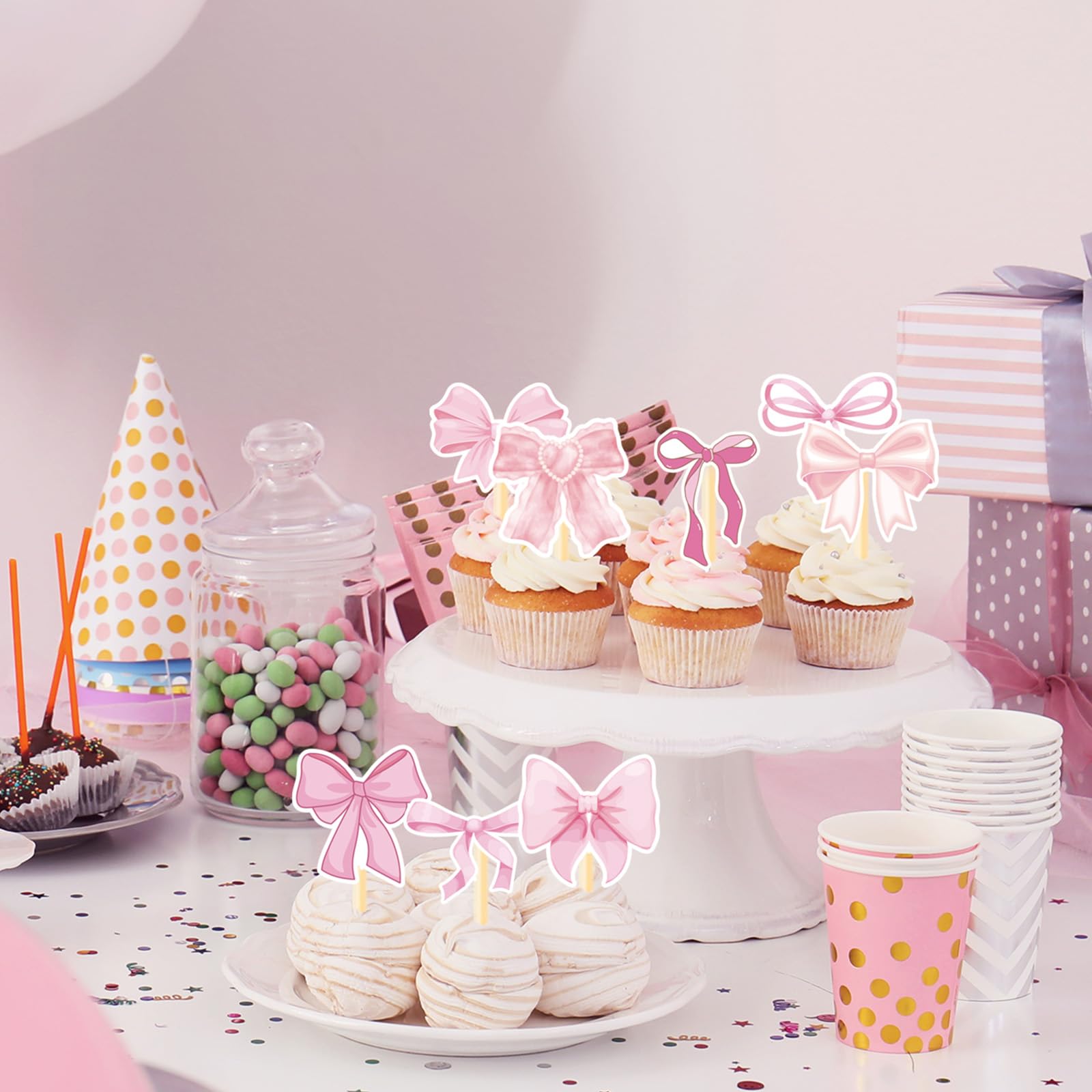 POP PARTY Coquette Birthday Decorations - 36PCS Pink Bow Cupcake Toppers & Party Decorations for Girls, Women | Cute Bow Themed Party Supplies for Birthday, Baby Shower, Bridal Shower & Tea Party