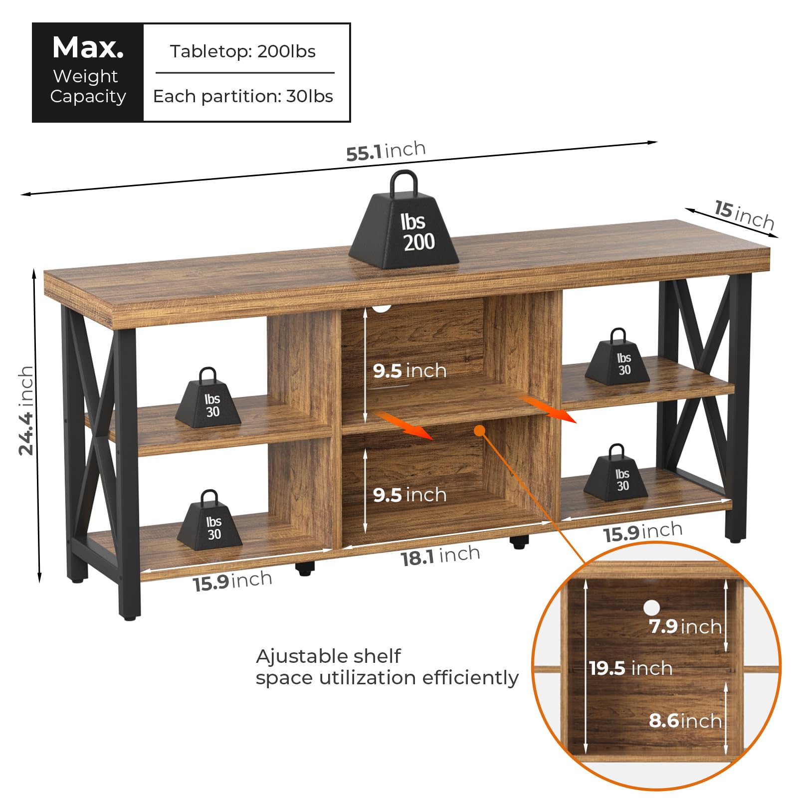 GreenForest 43.3 x 23.6 Inch Large Rustic Farmhouse Coffee Table with Storage Shelf & TV Stand - Holds 65 Inch TVs, Entertainment Center with 6 Storage Cabinets for Living Room (Walnut Finish) - Perfect for Family Gatherings & Movie Nights