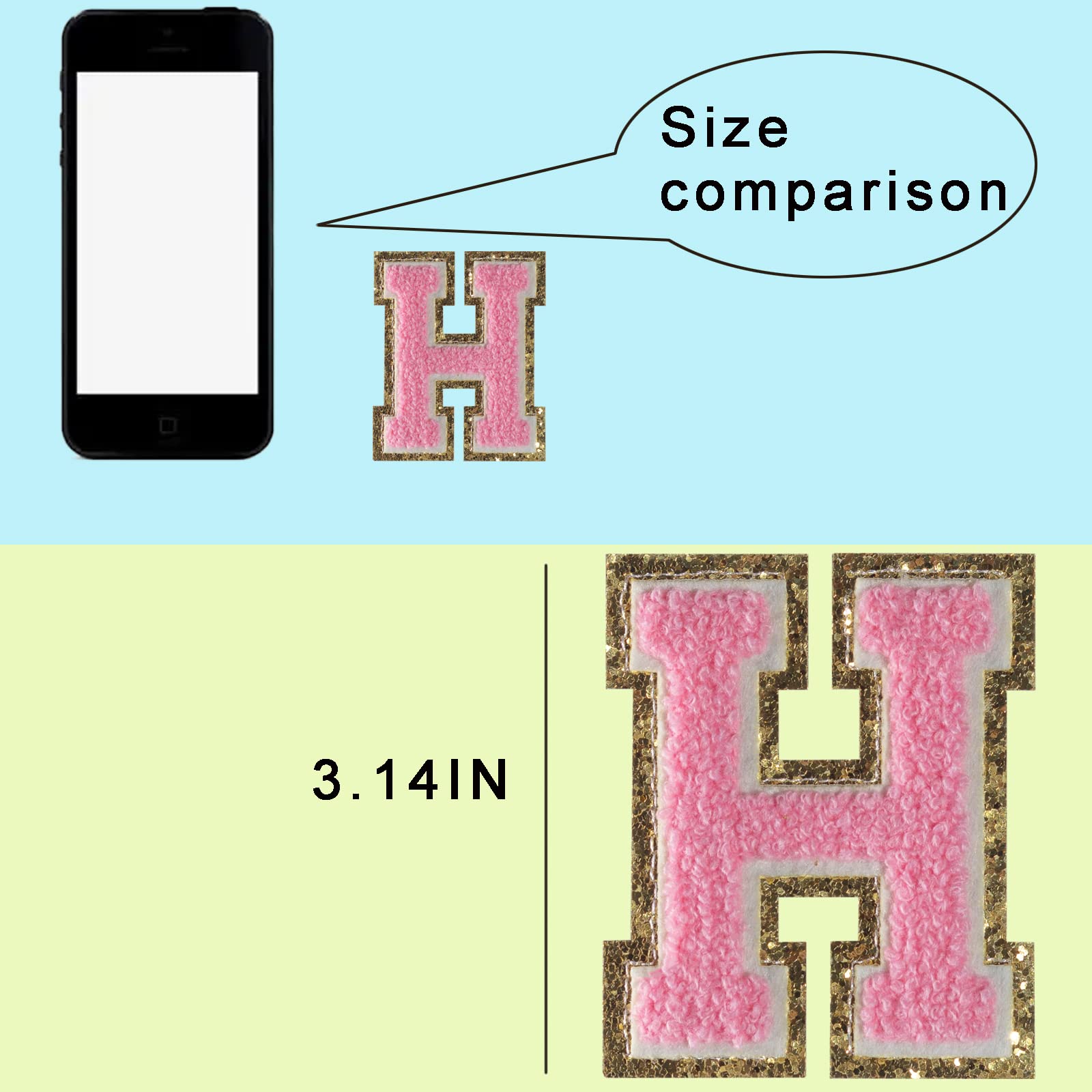 6 PCS Pink Gold Glitter Chenille Letter Patches - Embroidered Iron-On Letters for Hats, Shirts, Shoes, Jeans & Bags (3.1in Height Letter H) - Perfect for DIY Crafts, Custom Clothing & Personalized Gifts