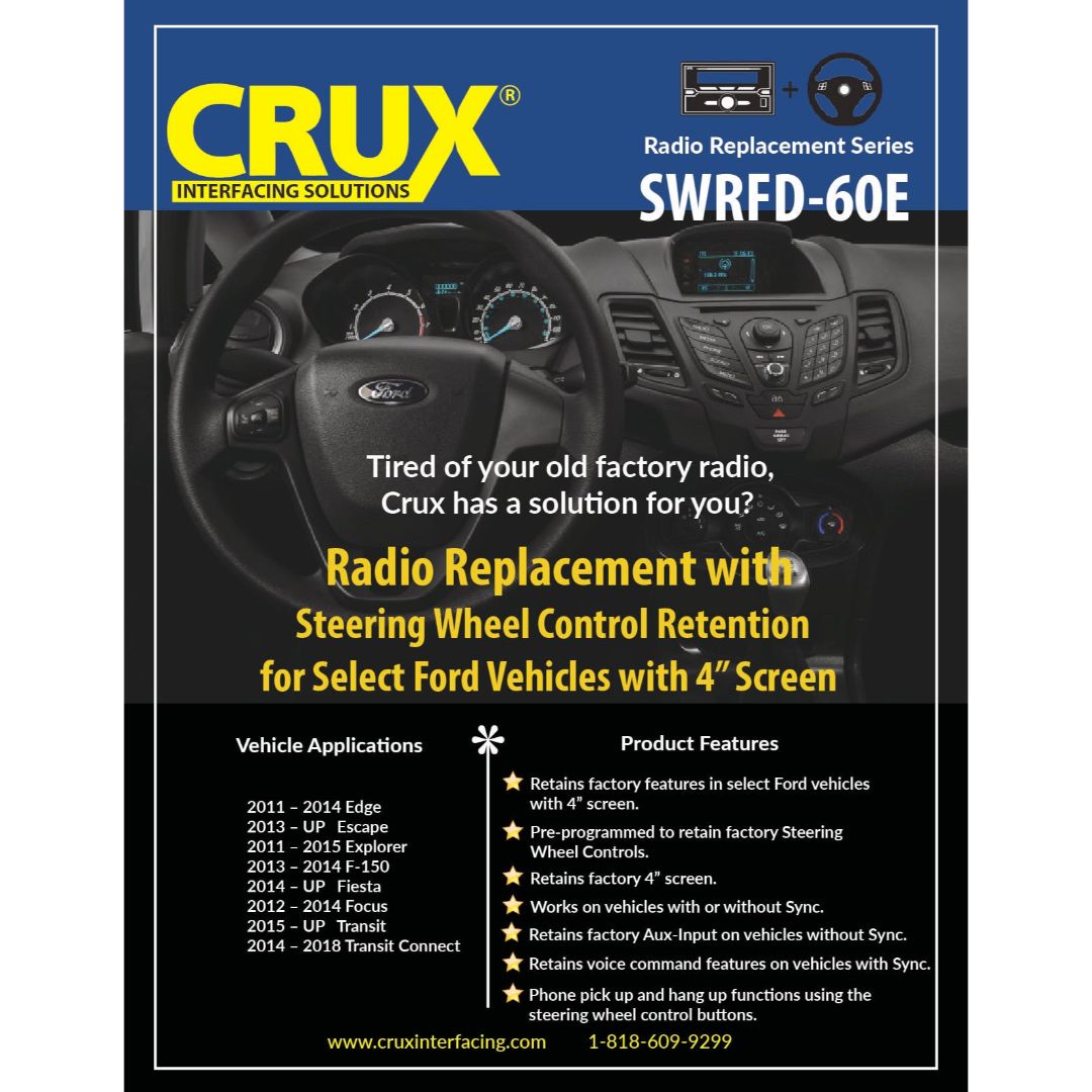 Crux SWRFD 60E Radio Replacement with Steering Wheel Control Retention for Ford F150 F250 F350 Explorer - Compatible with Select Ford Vehicles - Upgrade Your Car Audio System for Road Trips & Daily Commutes