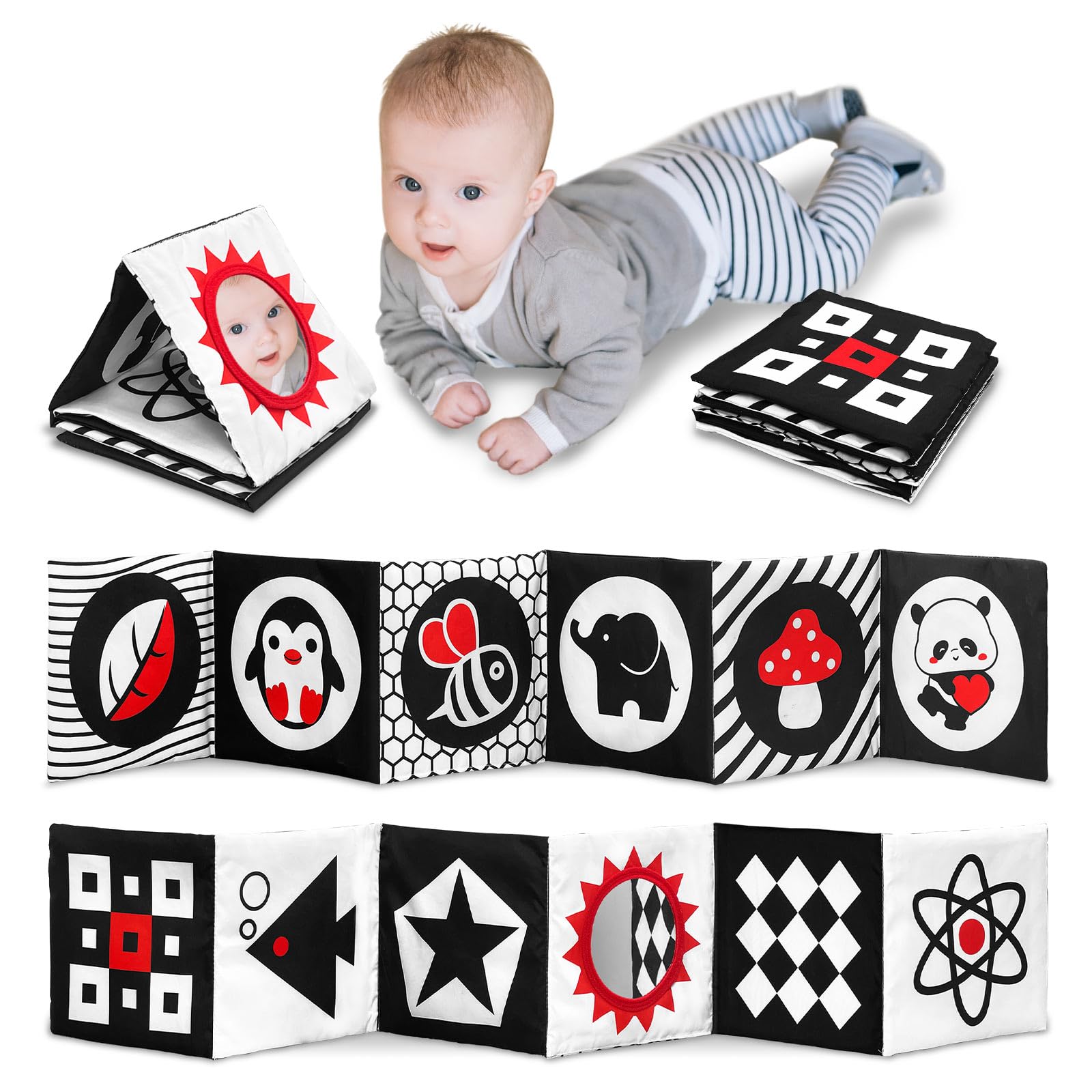 Kopokita Black and White High Contrast Baby Toys for Newborns 0-6 Months - Soft Sensory Book, Tummy Time Toys for Infant Visual Stimulation & Brain Development - Montessori Learning Toy Gift for Baby Shower, Nursery Playtime and Early Childhood Education