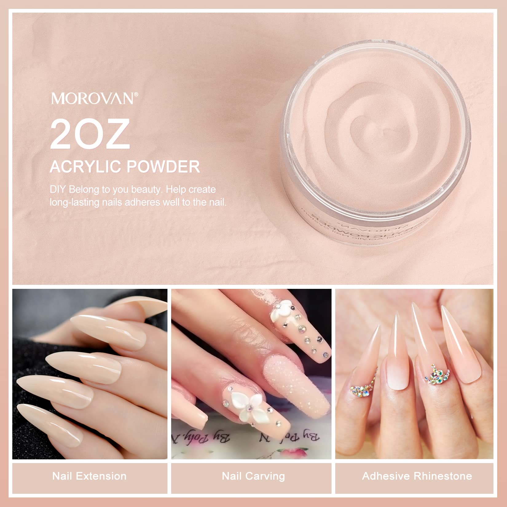 Morovan Nude Pink Acrylic Powder 2oz - Professional Polymer Nail Powder for Acrylic Nail Extensions, Sculpting & Carving | Perfect for Salon, Home Manicures & Nail Art Designs