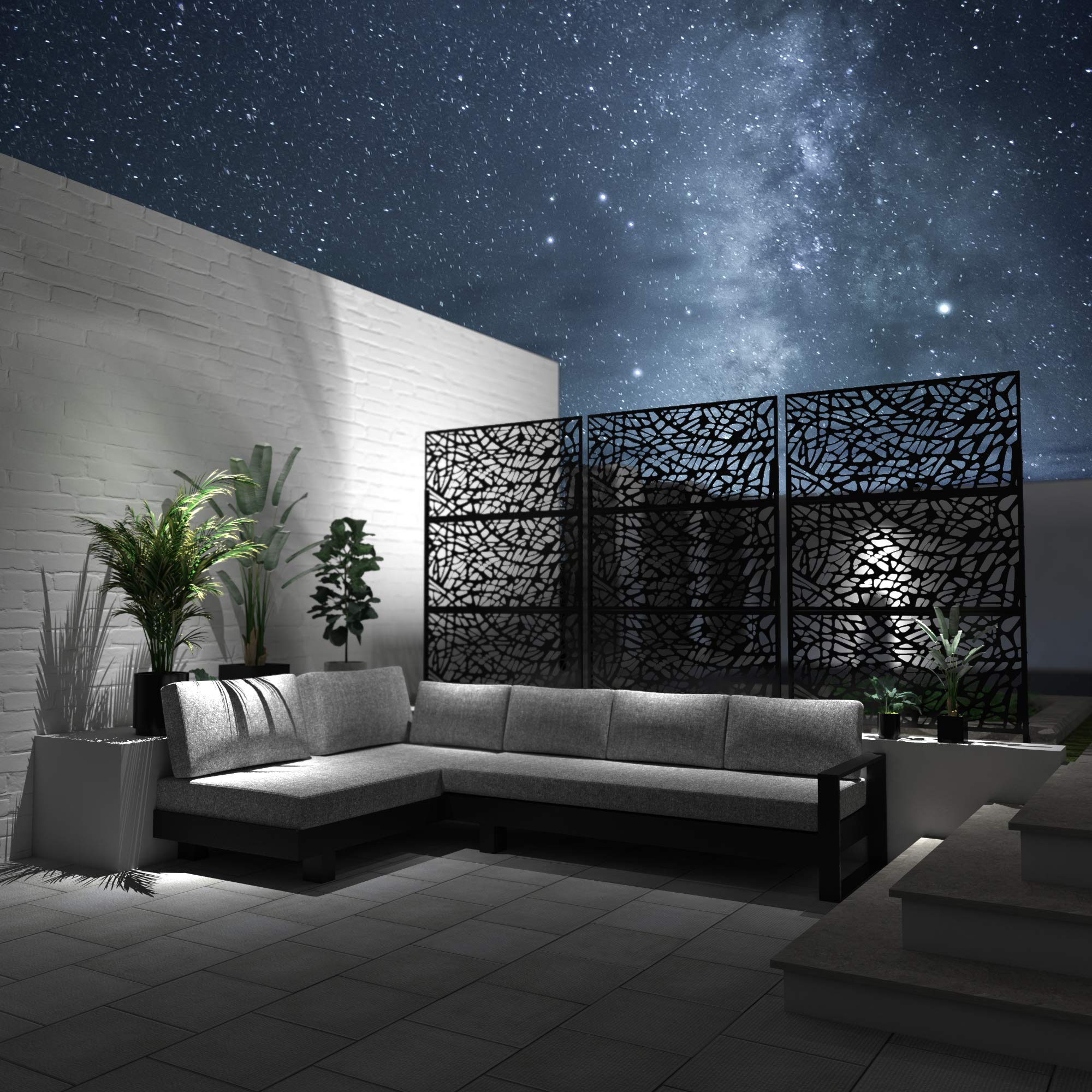 NeuType Black Metal Outdoor Privacy Screen Divider with Stand - Laser Cut Design for Patio, Garden, and Backyard Privacy