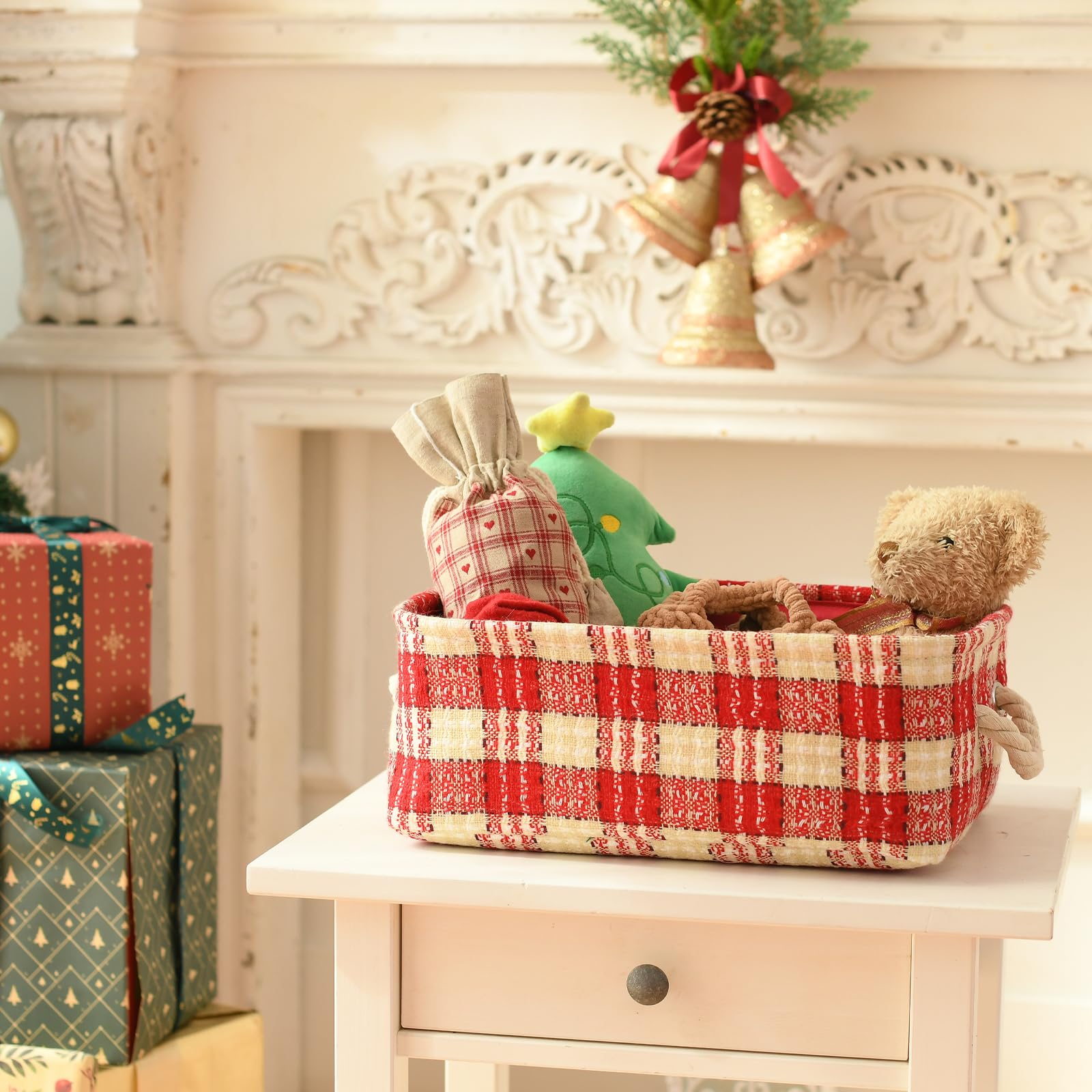 INough Christmas Ornament Storage Box | Holiday Decoration Organizer with Handles | Buffalo Plaid Collapsible Gift Basket for Kids | Farmhouse Style Home Decor | Perfect for Storing Ornaments, Wrapping Gifts & Holiday Organization