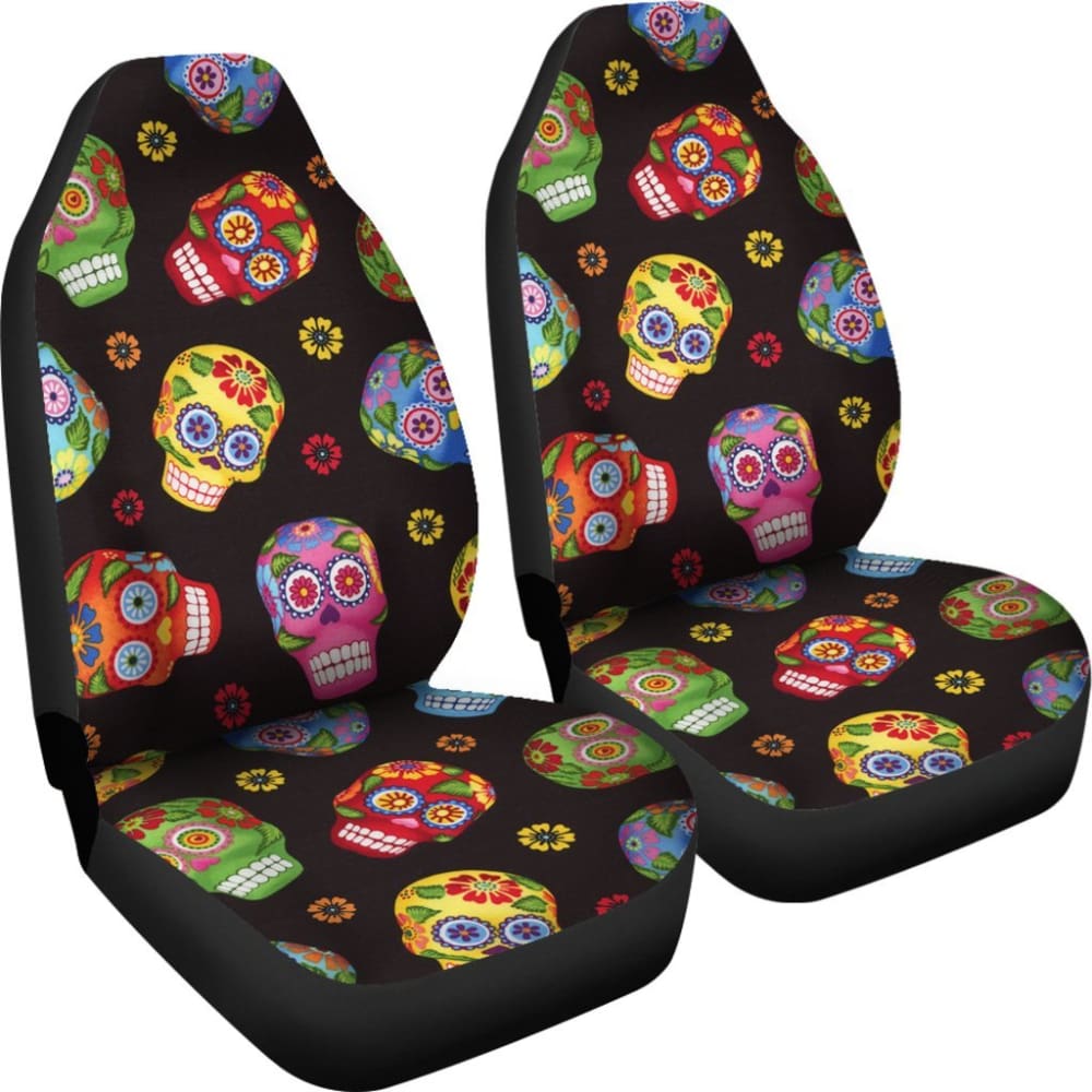 2 Pcs Sugar Skull Car Seat Covers - Universal Fit for Cars, Trucks & SUVs - Durable & Stylish Seat Protectors - Perfect for Halloween, Dia de Los Muertos & Gothic Decor