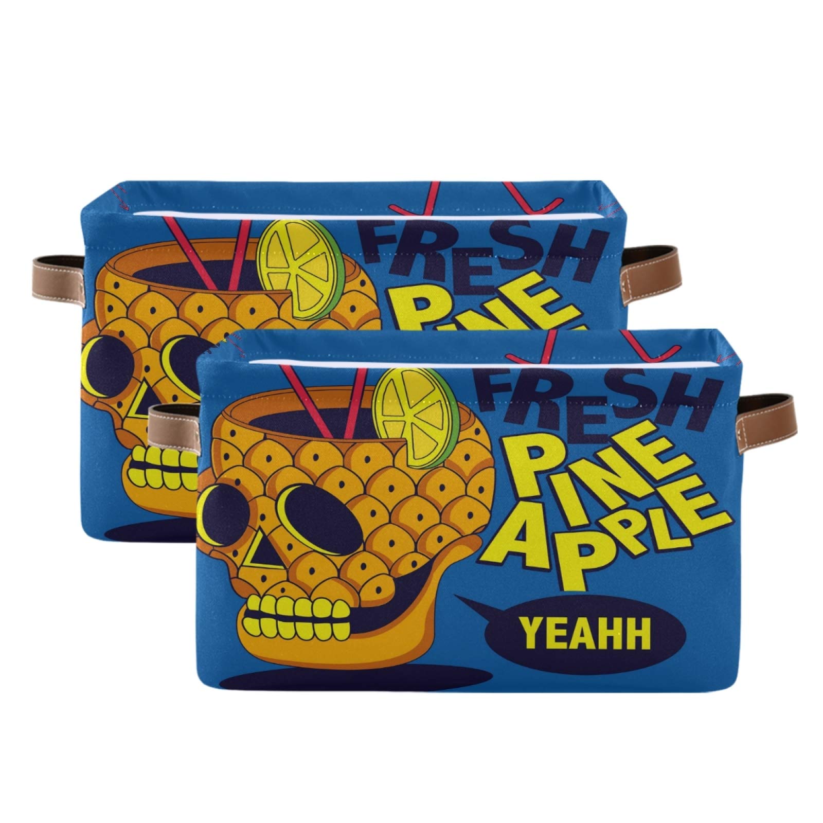 AUUXVA Skull Pineapple Storage Basket - Durable Collapsible Canvas Organizer Bin with Handles for Toys, Clothes & Home Organization | Perfect for Bedroom, Closet, Shelf & Office Storage