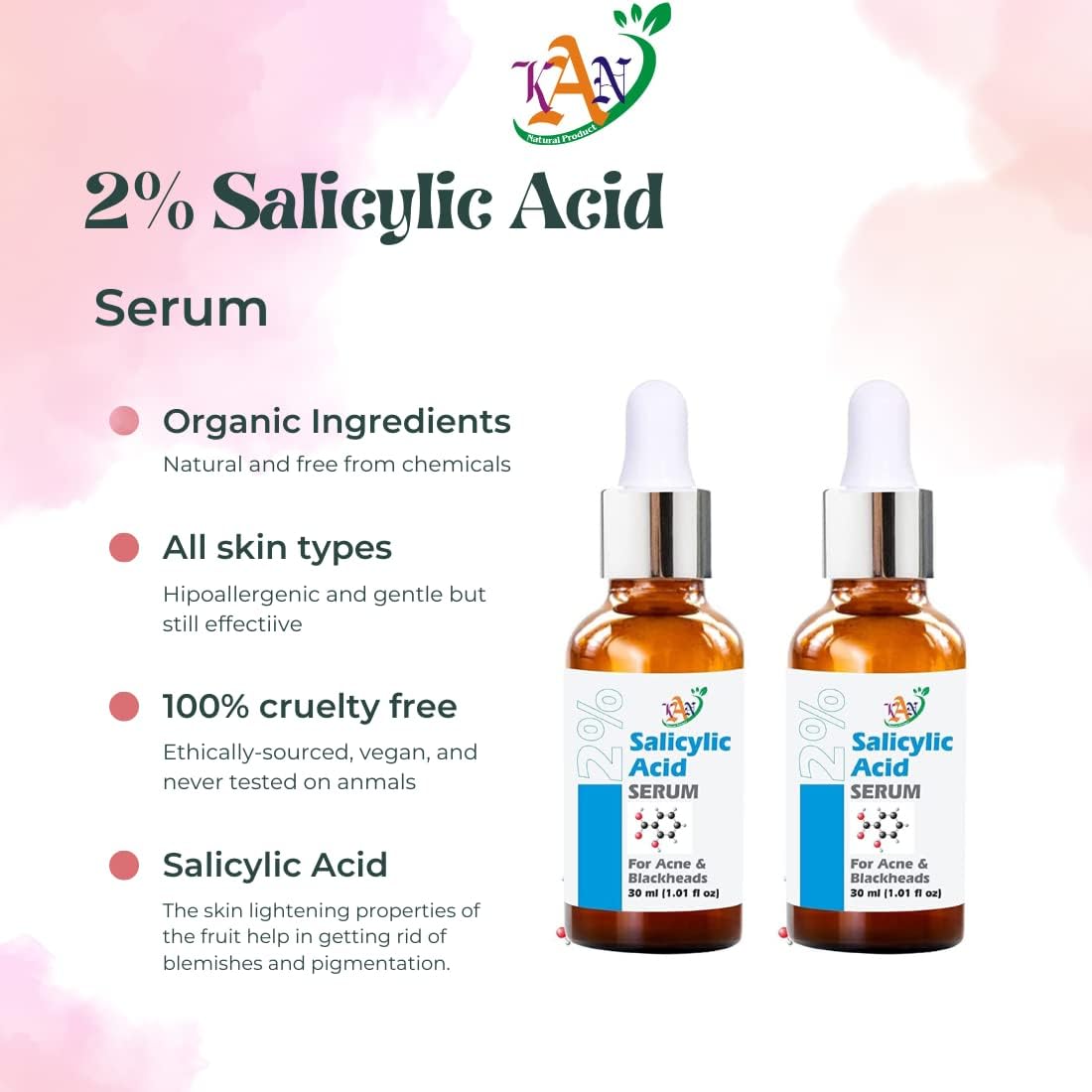 Kan Natural 2% Salicylic Acid Serum for Acne Treatment - BHA Exfoliant for Blackheads, Open Pores & Oily Skin - Reduces Excess Oil & Improves Skin Texture - 30ml (1 Pack) | Best for Daily Skincare Routine & Acne-Prone Skin Care