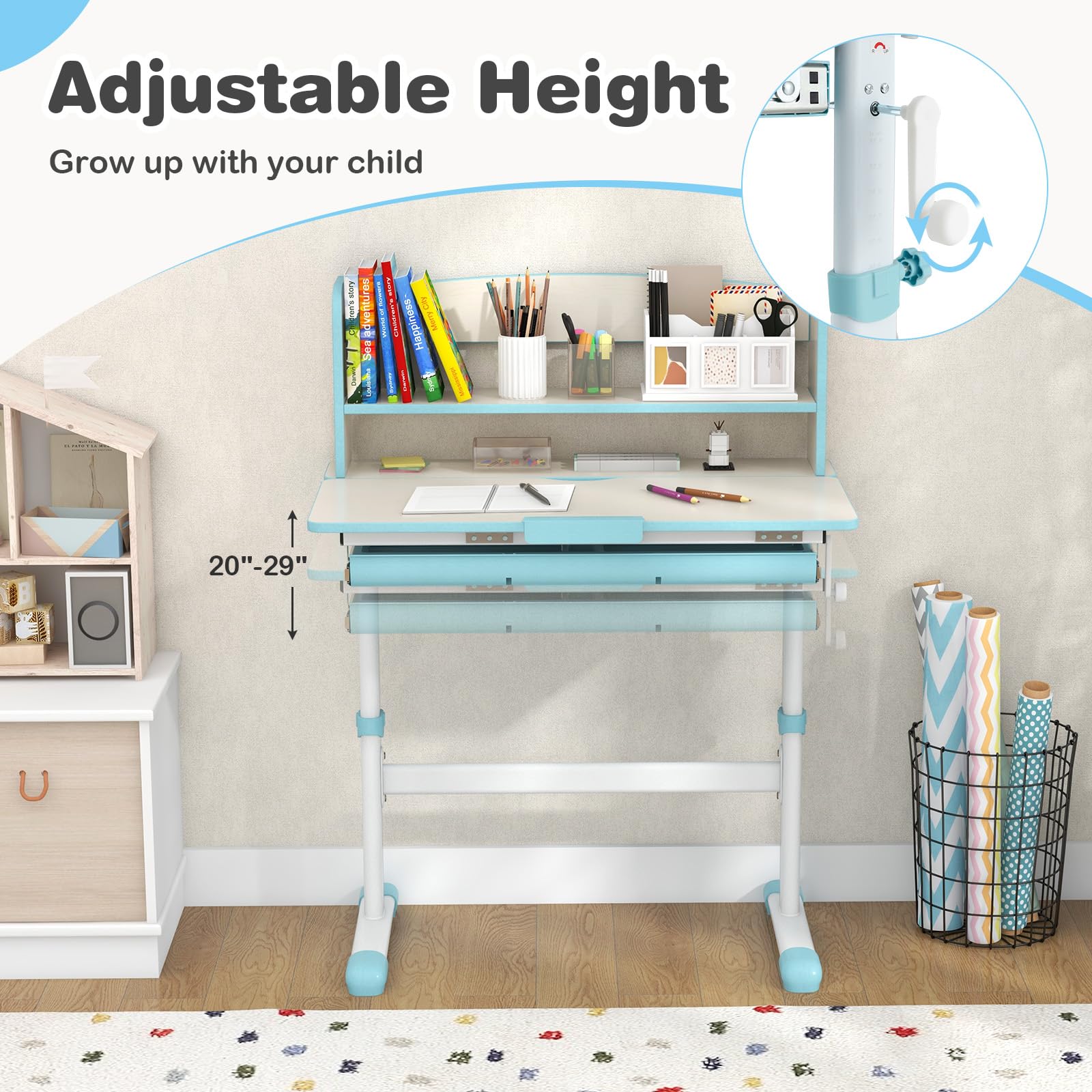 Costzon Adjustable Kids Desk with Storage Drawer & Hutch - Ergonomic Study Desk for Children, Height Adjustable Student Writing Table with Tilt Top & Scale Ruler - Perfect for Boys & Girls Bedroom, Homeschooling & Online Learning (Blue)