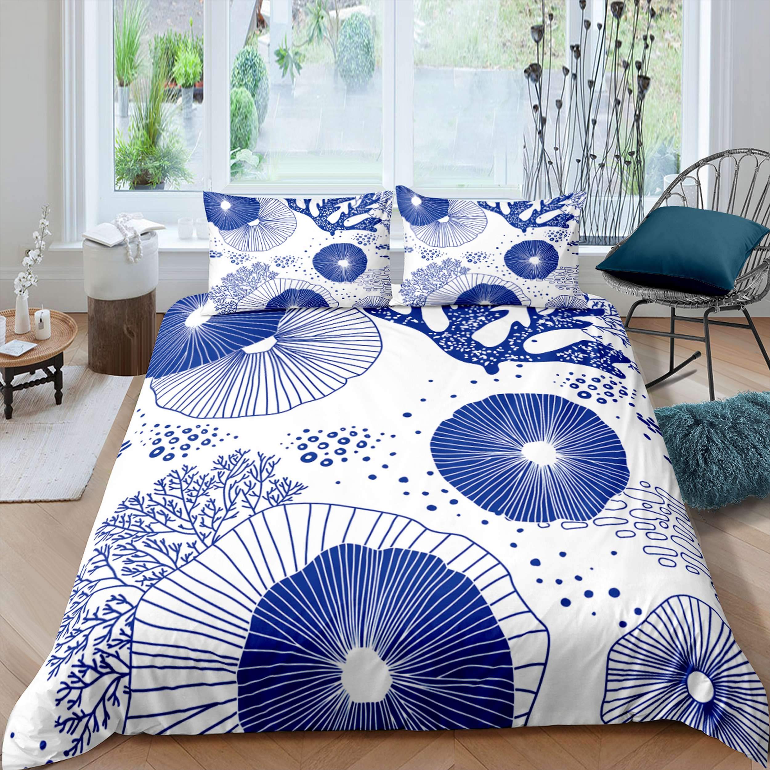 Twin Size Duvet Cover Set - Blue Lotus Leaf & Coral Starfish Design | Ultra Soft Microfiber Bedding | Minimalist Style for Young Adults | Includes 1 Duvet Cover with Zipper + 1 Pillowcase | Perfect for Beach-Themed Bedrooms, Dorm Rooms & Guest Rooms