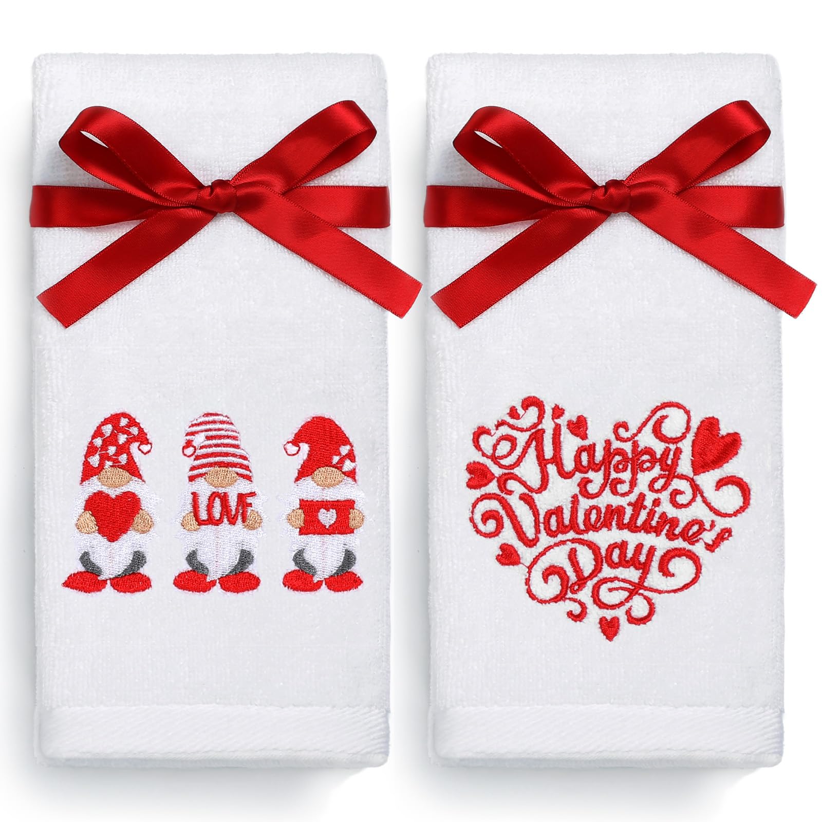 Valentine's Day Hand Towels Set of 2 - 100% Cotton Embroidered Red Gnome Heart Design - 14x29 Inch Decorative Kitchen & Bathroom Dish Towels - Perfect Gift for Couples, Housewarming & Holiday Decor