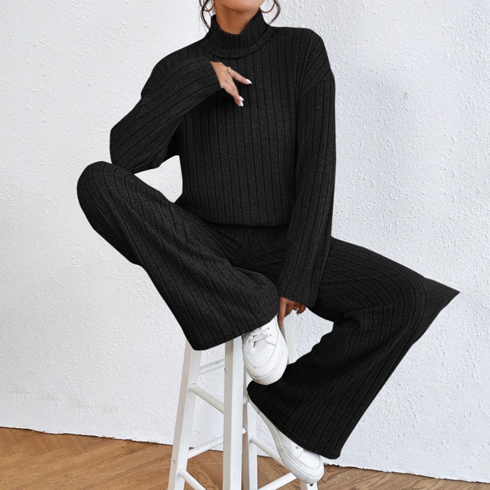 Women's Solid High Neck Pullover Sweater & Wide Leg Lounge Pants Set - Casual Two Piece Outfit for Home, Office & Fall 2024 Fashion