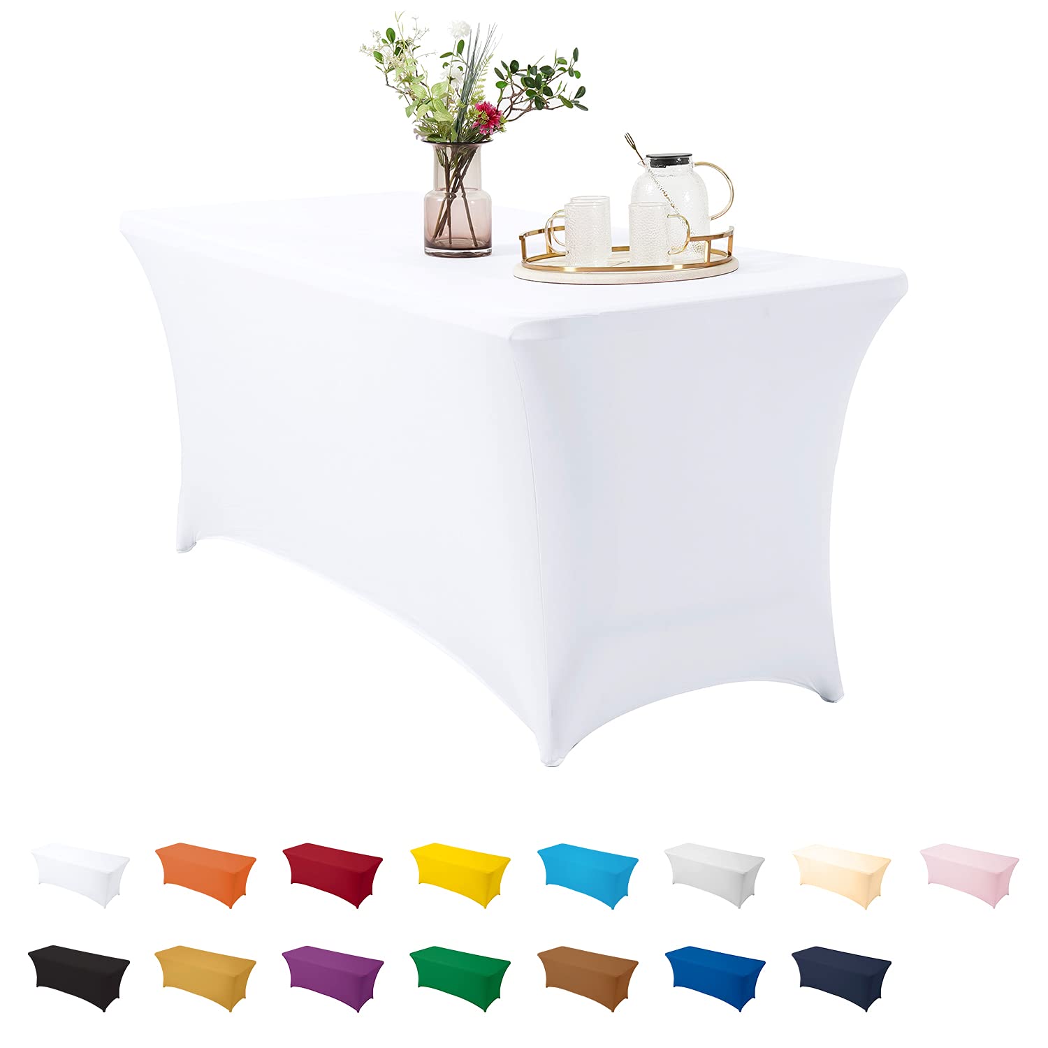 ManMengJi White Spandex Table Cover 6 ft - Stretchable Fitted Tablecloth for Standard Folding Tables - Universal Rectangular Table Cover for Wedding, Banquet, Party & Events - Perfect for Indoor/Outdoor Gatherings, Catering & Home Decor