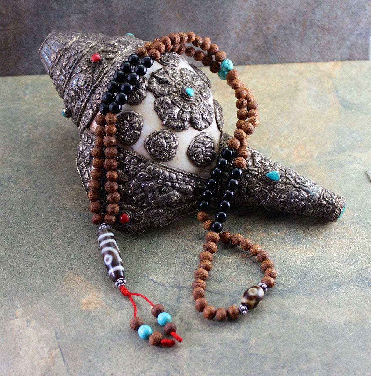 3 Eye Dzi Bead Necklace - Genuine Onyx & Raktu Seed Beads for Protection & Good Luck | Spiritual Jewelry for Meditation, Yoga & Buddhist Practices
