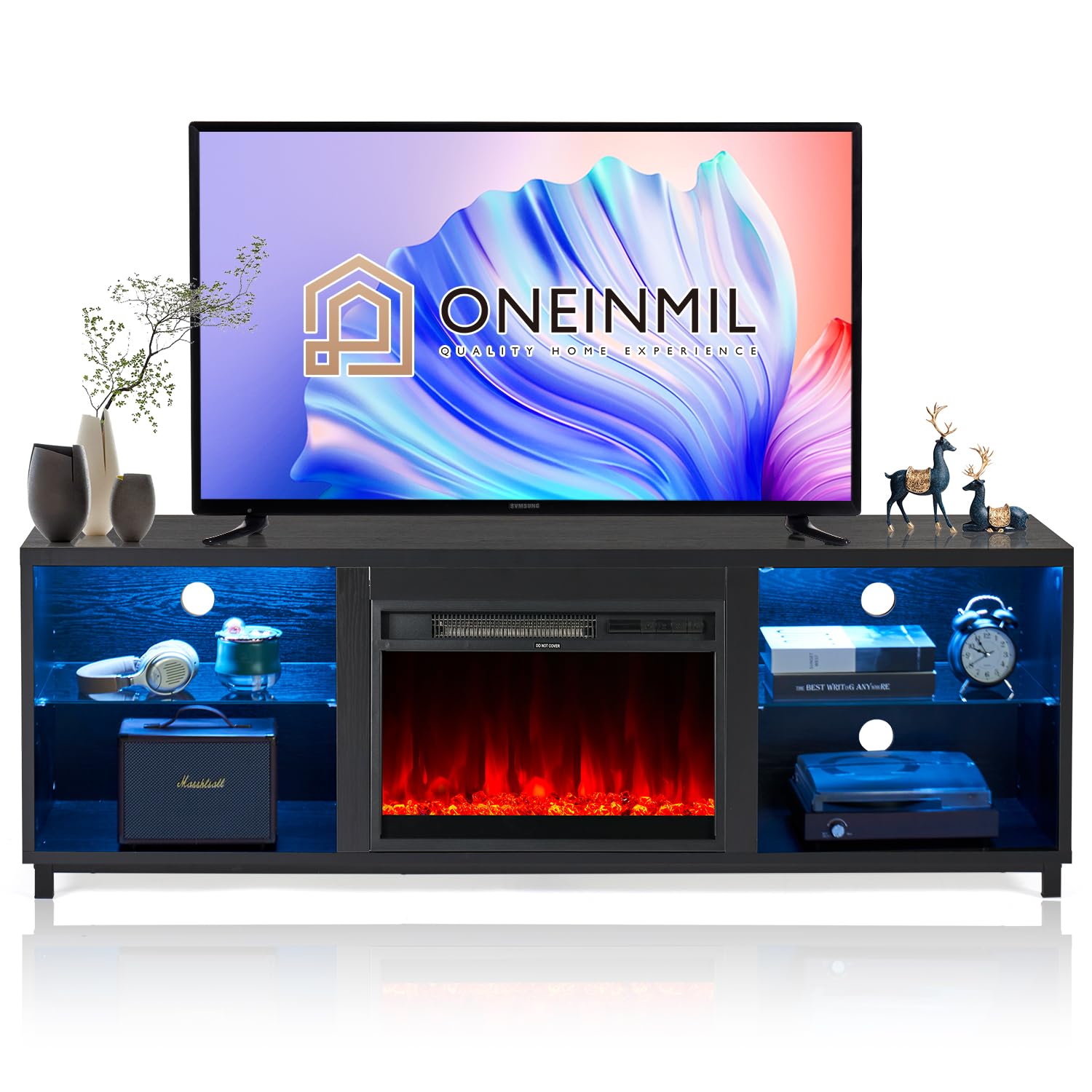 68 Inch Modern Fireplace TV Stand for 78 Inch TVs - 3D Electric Fireplace Entertainment Center with Wood Storage & Cable Management - Black TV Cabinet for Living Room (Perfect for Home Theater & Cozy Winter Nights)