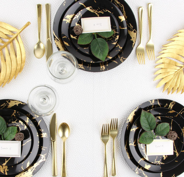 Black and Gold Plastic Party Bundle - Elegant Disposable Tableware Set for Birthday, Wedding & Celebration Decorations - Perfect for Festive Events, Themed Parties & Special Occasions