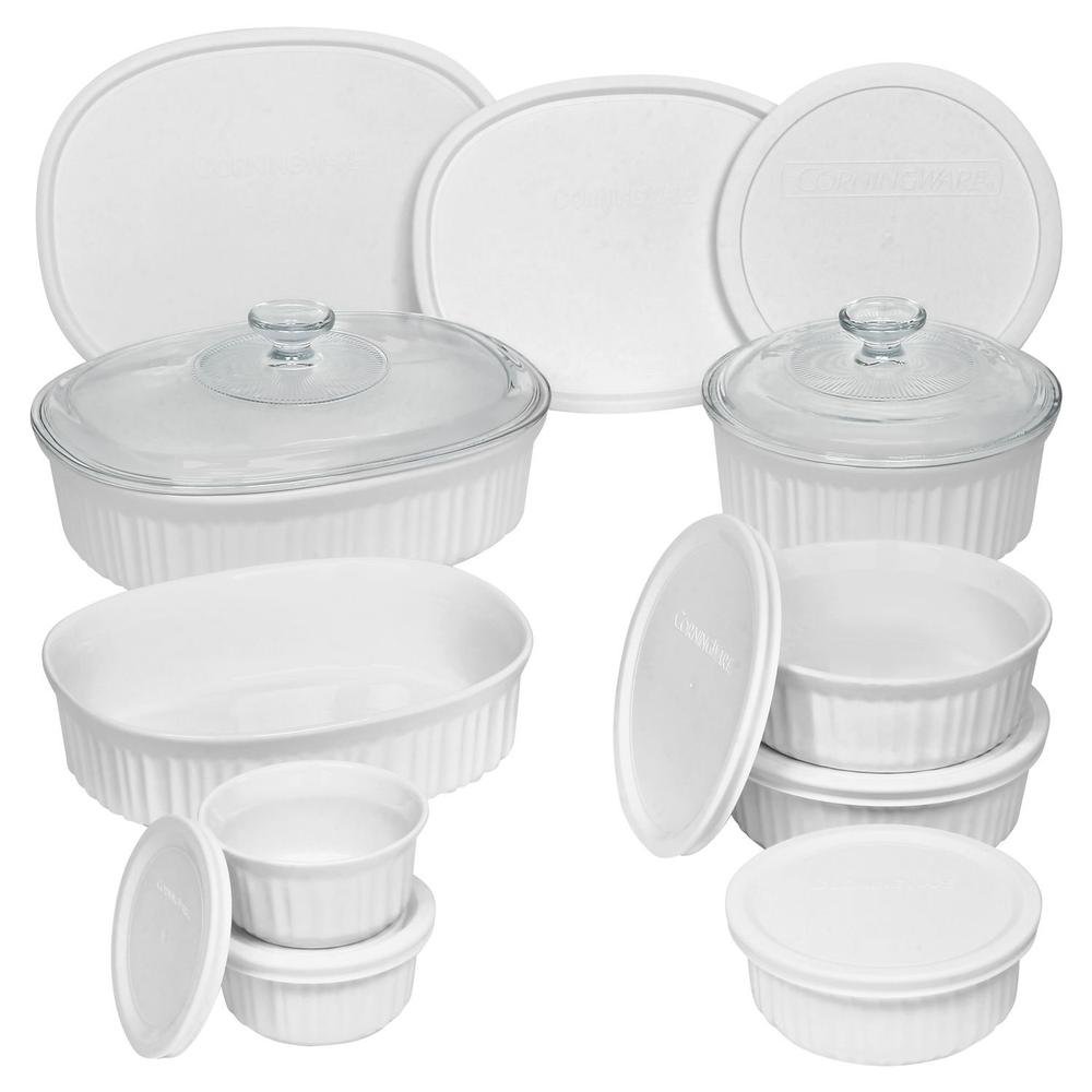 Premium 18-Piece CorningWare French White Ceramic Bakeware Set - Non-Porous, Durable & Oven/Microwave Safe with Lids - Perfect for Baking, Roasting & Meal Prep
