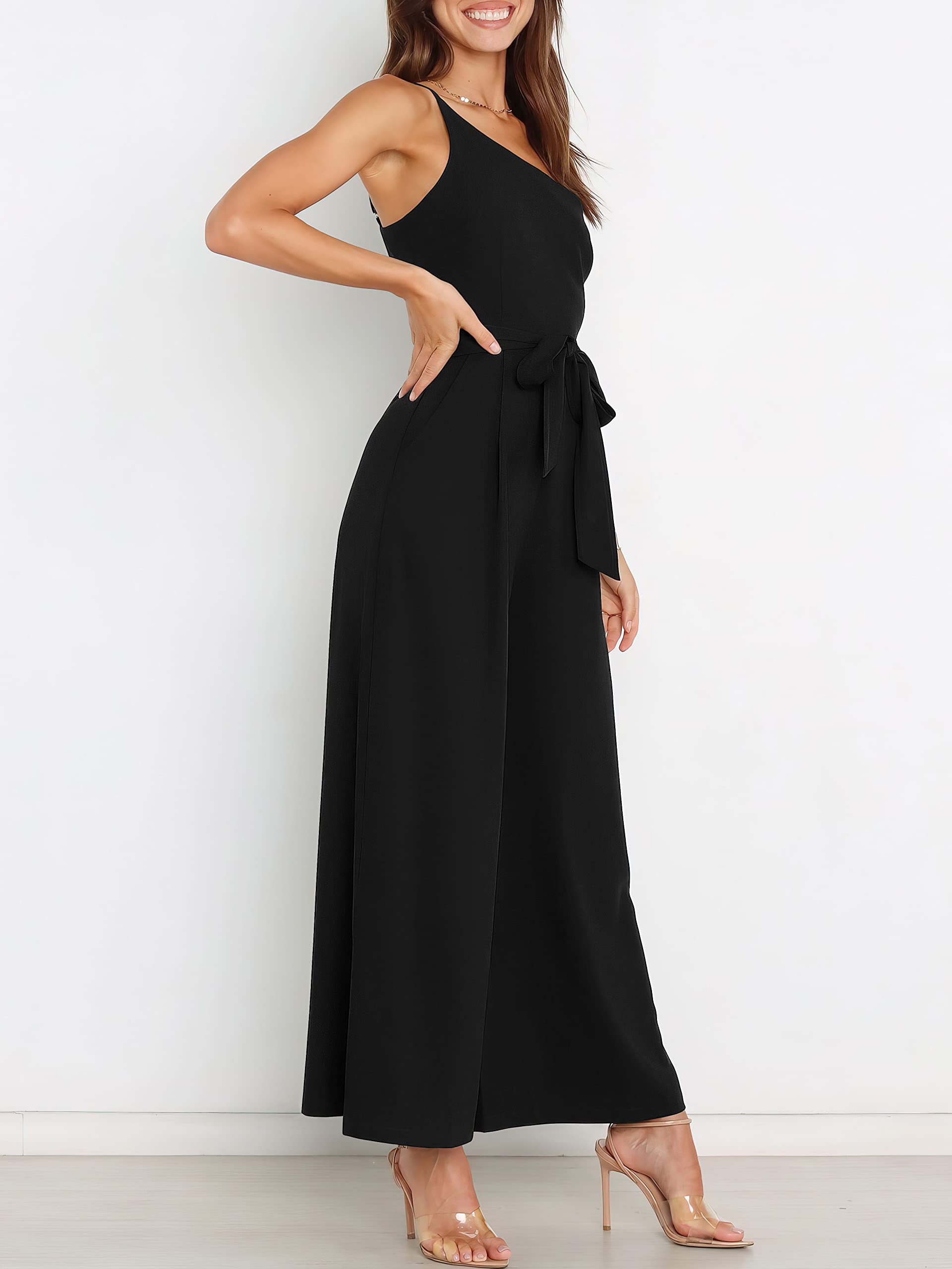 ANRABESS Women's One Shoulder Sleeveless Jumpsuit - Summer Wide Leg Romper with Belt | Casual Dressy Outfit for Beach, Party & Vacation | Trendy 2025 Fashion