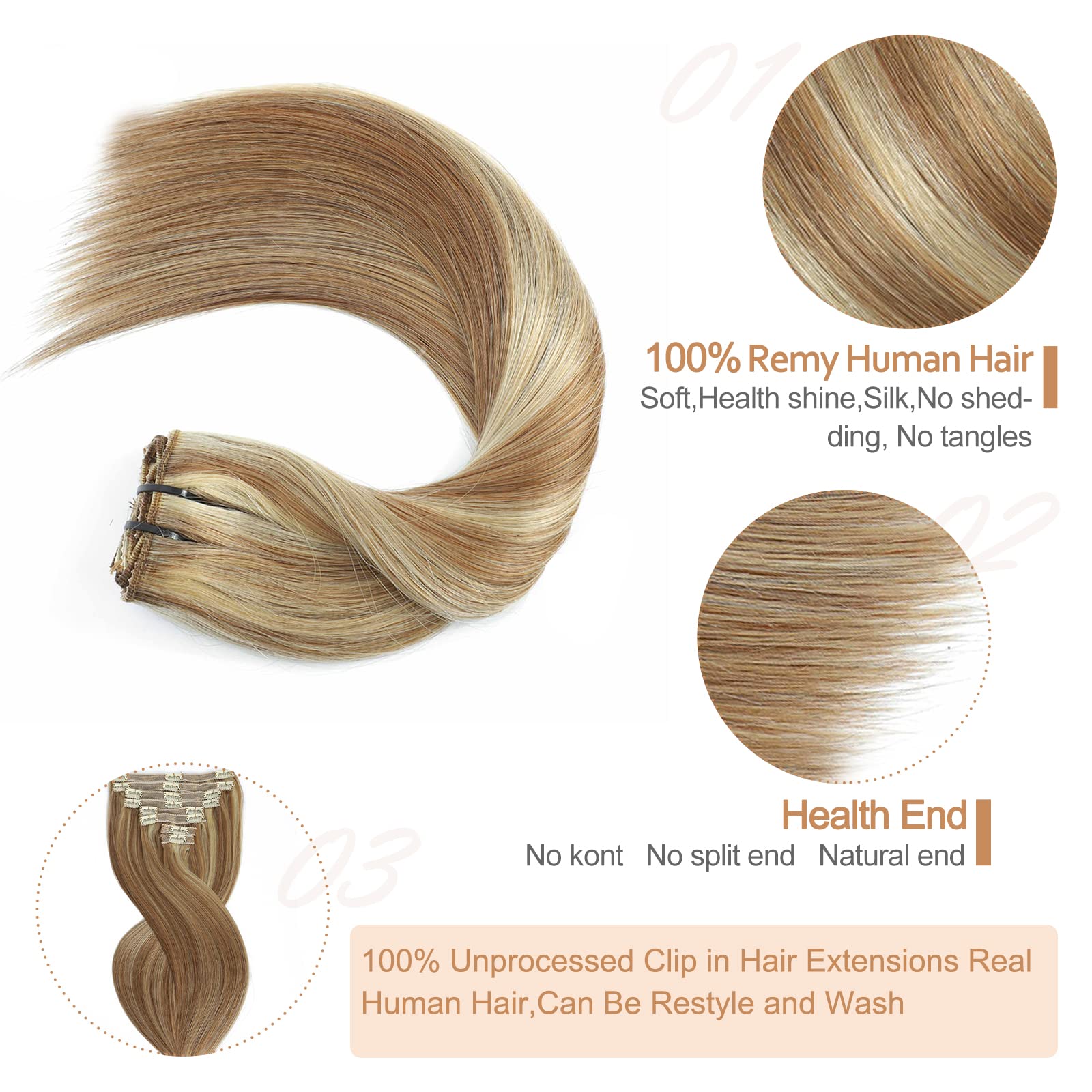 Clip-In Human Hair Extensions 8pcs 120g - Chestnut Brown Mixed Blonde Remy Hair (6/613, 22inch) | Thick Natural Hair Extensions for Women | Perfect for Daily Wear, Parties & Special Occasions