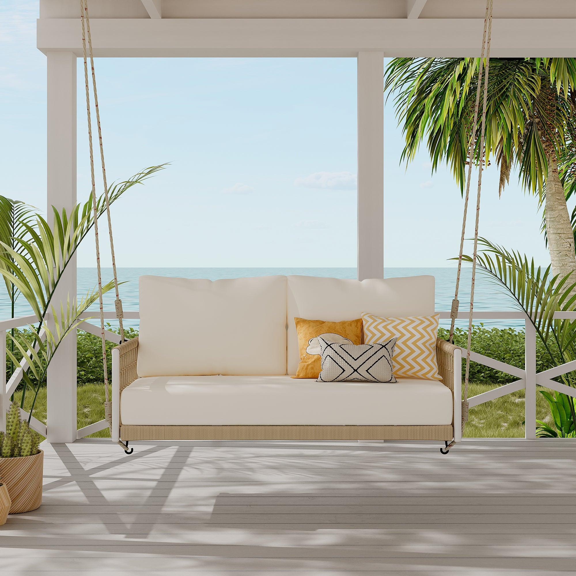 1 Piece Woven Rope Outdoor Swing Sofa with Soft Cushions - Seats 2 for Patio, Courtyard & Balcony - Perfect for Relaxing, Lounging & Entertaining Outdoors