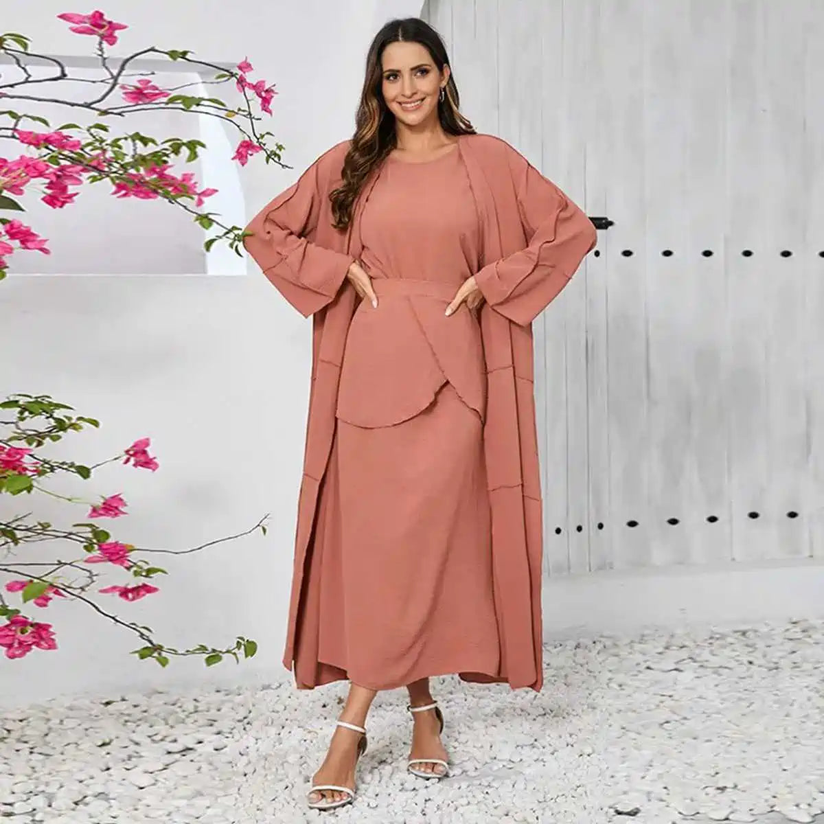10 Color Options 3-Piece Wrinkled Abaya Dress Set - Outer Abaya, Mid Wrap & Sleeveless Inner Dress | Modest Islamic Fashion for Prayer, Eid & Special Occasions