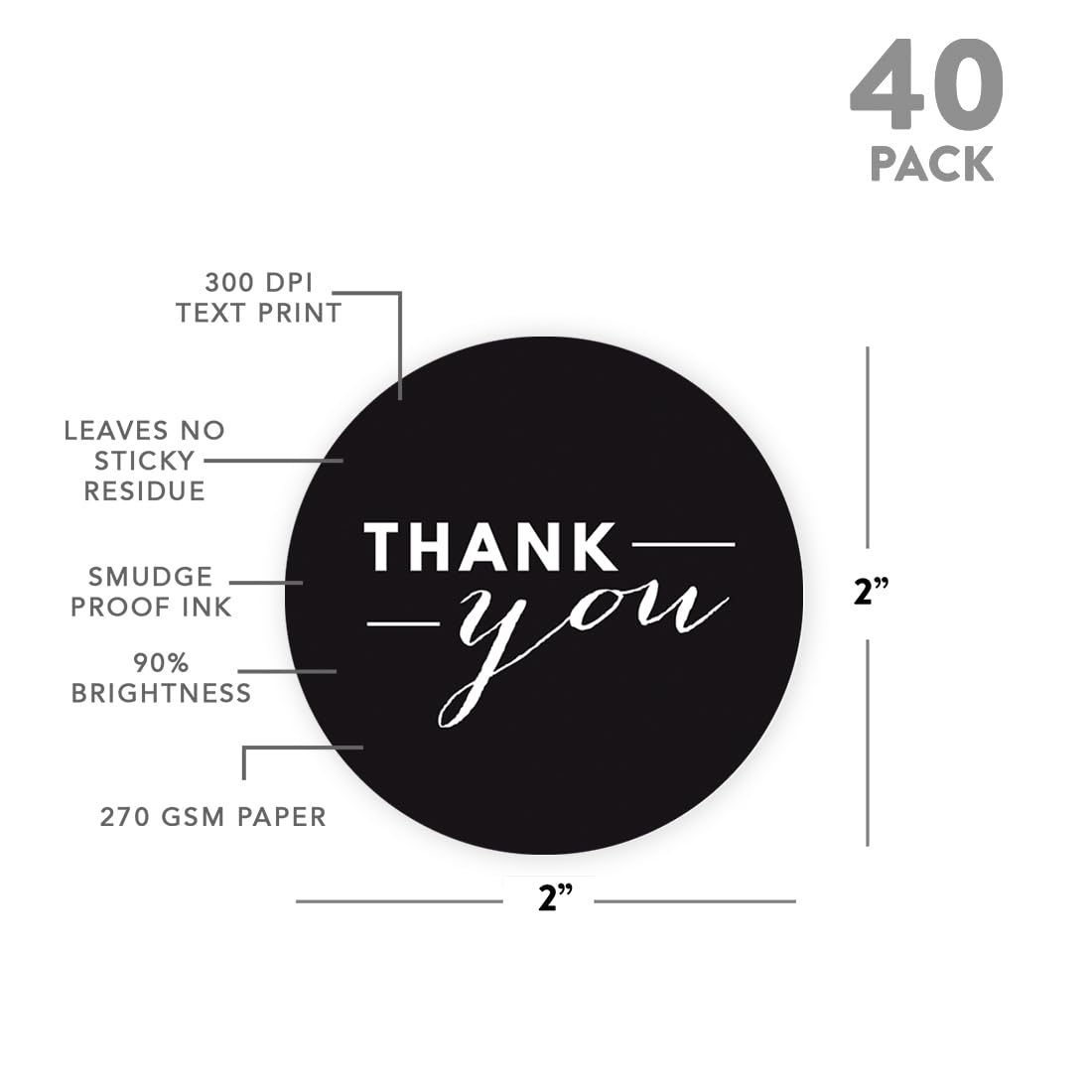 Andaz Press Circle Labels - 40-Pack Black Thank You Stickers for Gifts & Packaging