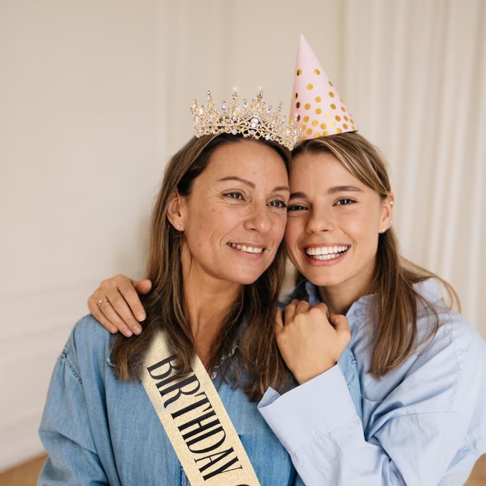 Gold Crystal Birthday Crown for Women - Elegant Queen Tiara with Combs & Glitter | Birthday Party Decorations & Gifts for Women | Perfect for Birthday Celebrations, Bachelorette Parties & Special Events