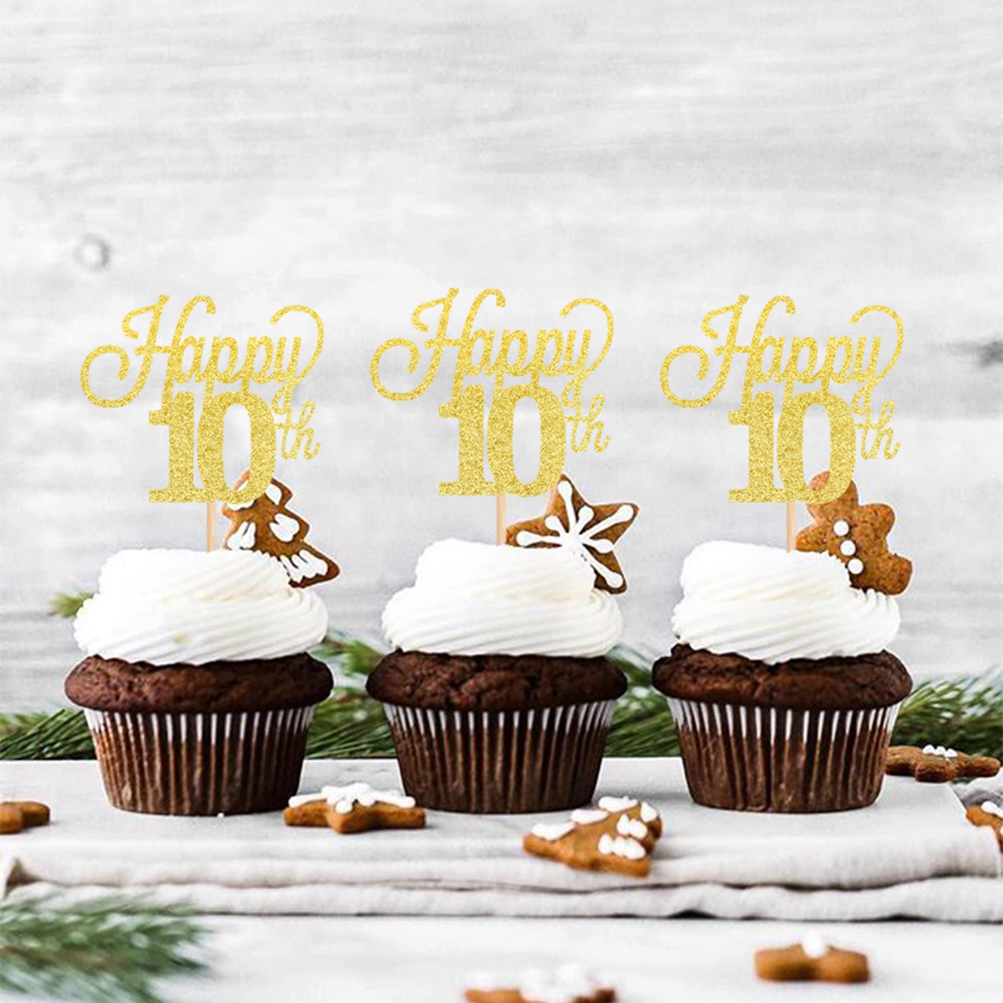 24 Pack Gold Glitter Number 10 Cupcake Toppers - Cheers to 10 Cake Picks for 10th Birthday, Wedding Anniversary Party Decorations - Perfect for Birthday Cakes, Dessert Tables, and Celebration Events