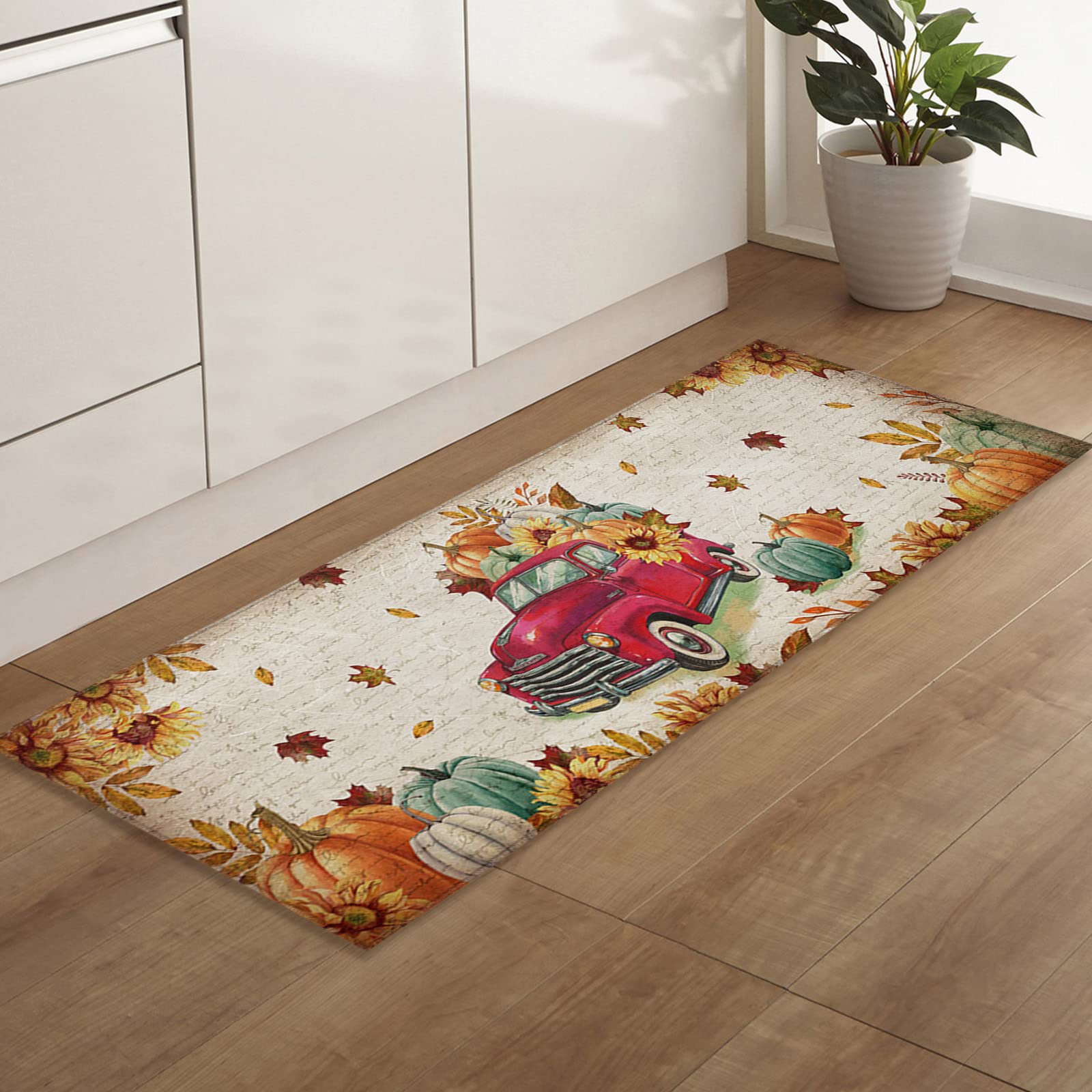 Soft Washable Indoor Door Mat - Autumn Farmhouse Style with Truck, Pumpkin & Maple Leaves Design - Non-Slip Bathroom Rug, Kitchen Carpet & Entryway Mat for Front/Back Door - Perfect for Fall Decor, Home Entrance & Mudroom Protection
