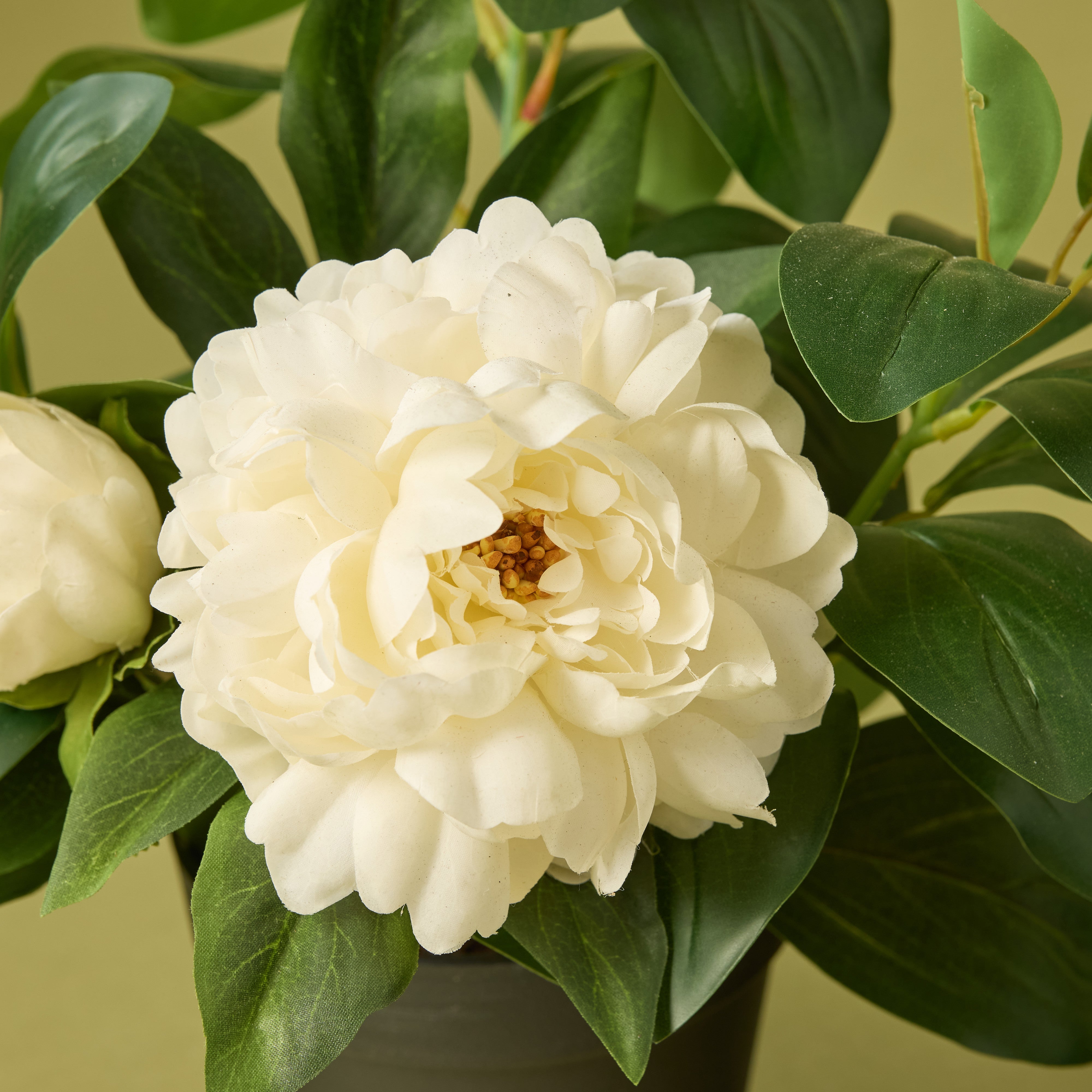 Artificial Peony Silk Flower with Lush Leaves in White - 15 Inch Decorative Garden Pot for Home, Wedding, and Office Decor
