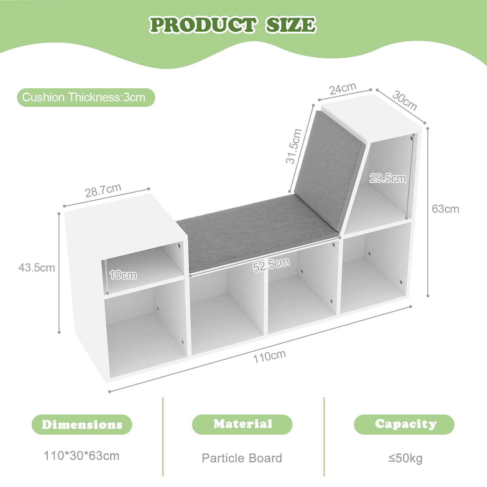 Kids Reading Nook with Storage - 6-Cubby Wooden Bookshelf & Bench Seat Organizer for Toddlers & Children - Perfect for Bedrooms, Classrooms & Playrooms (White)