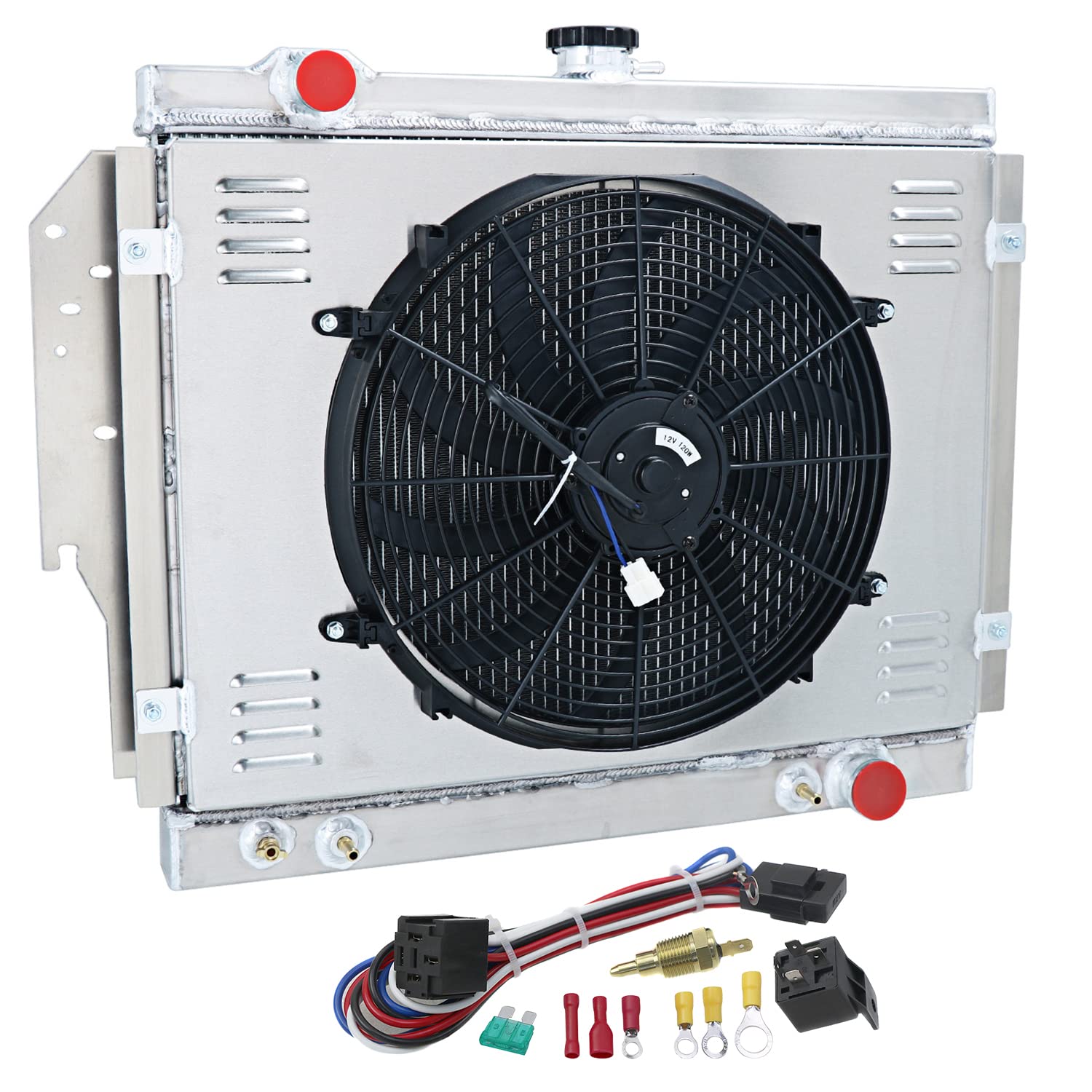 1979-1993 Dodge D100 D150 D200 D250 D300 D350 W100 W150 W200 W250 W300 W350 CB300 Ramcharger RD200 Replacement 3-Row Aluminum Radiator with Fan Shroud & Cooling Fan Kit - Heavy Duty Cooling for Off-Road, Towing & High-Performance Driving