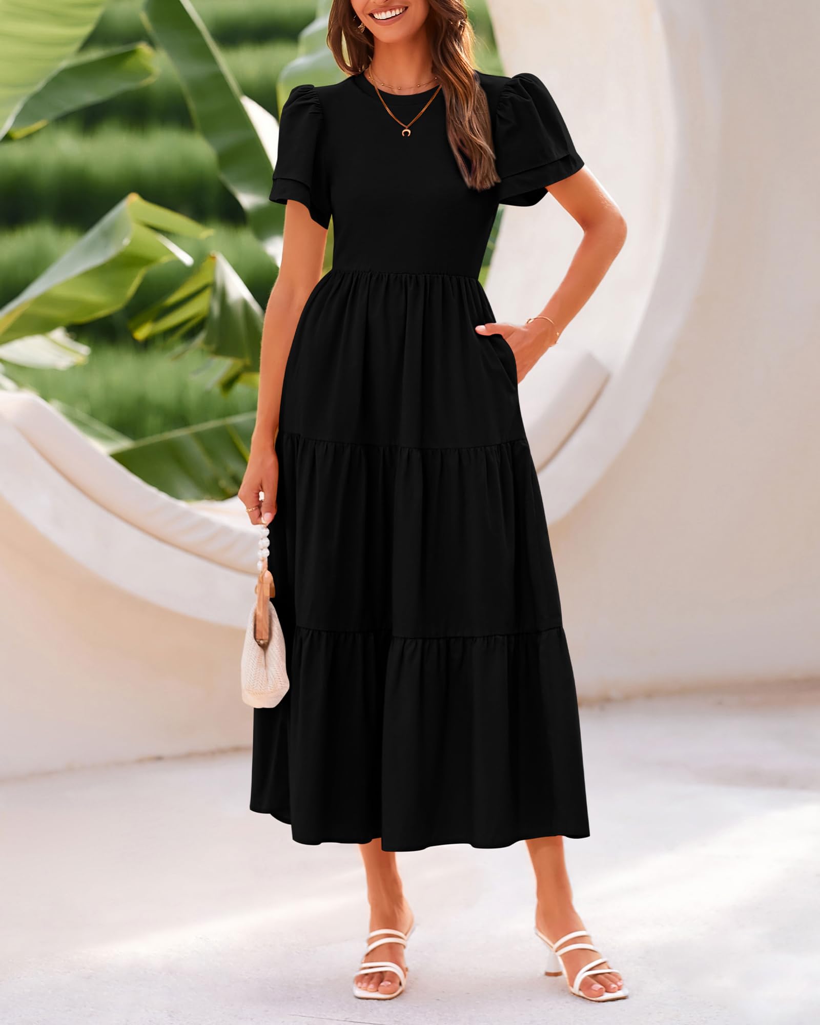 BTFBM Women's Casual Summer Maxi Dress 2025 - Short Sleeve Boho Beach Dress with Pockets, Tiered Flowy Design for Spring & Summer Vacations | Perfect for Beach Outings, Date Nights and Casual Wear