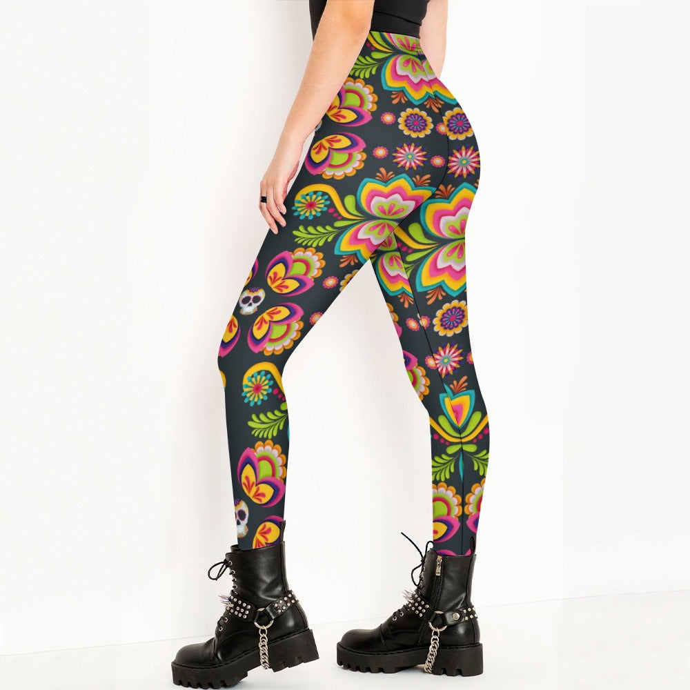 Candy Skull and Floral Print Leggings - Stylish Women's Halloween & Day of the Dead Fashion Leggings for Parties, Cosplay, and Everyday Wear