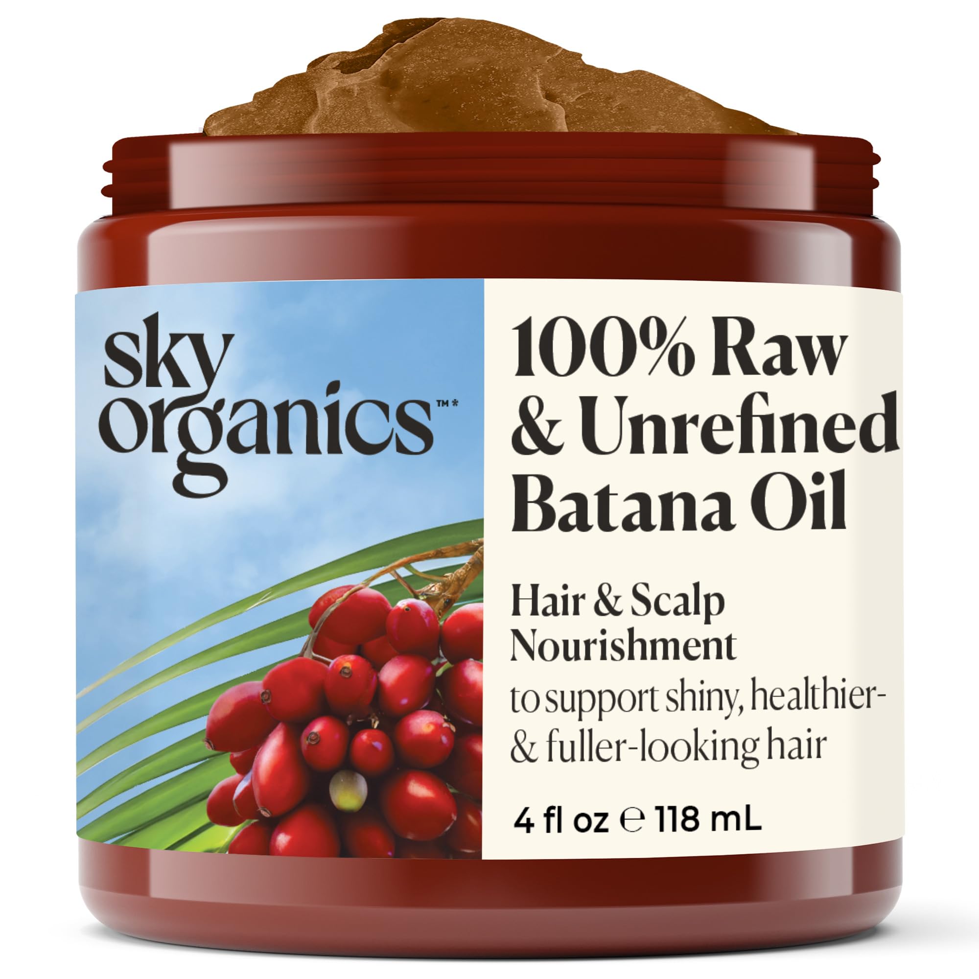 Sky Organics - 100% Raw & Unrefined Batana Oil, 4 fl oz - Nourishing Hair & Scalp Treatment with Fatty Acids, Antioxidants & Vitamins - Sourced from Honduras - Vegan & Cruelty Free - Perfect for Dry Hair Repair, Scalp Massage & DIY Hair Masks