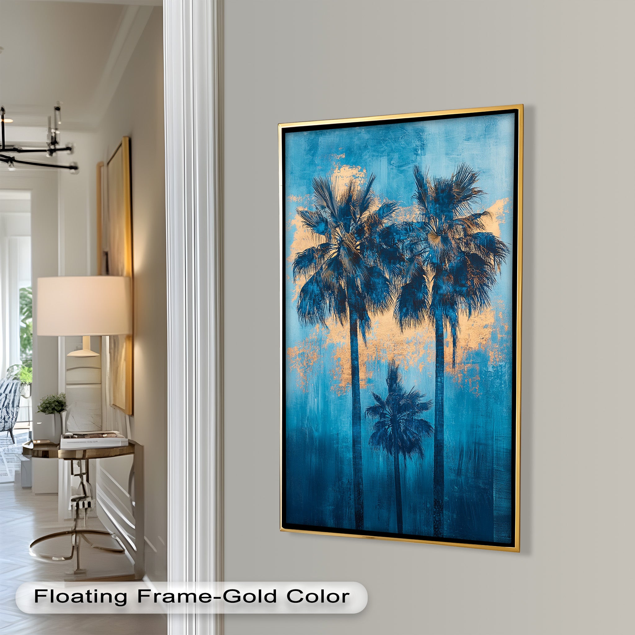 Blue Sunset Palms Tropical Oil Painting - Handmade Beach Wall Art for Living Room, Bedroom & Office Decor