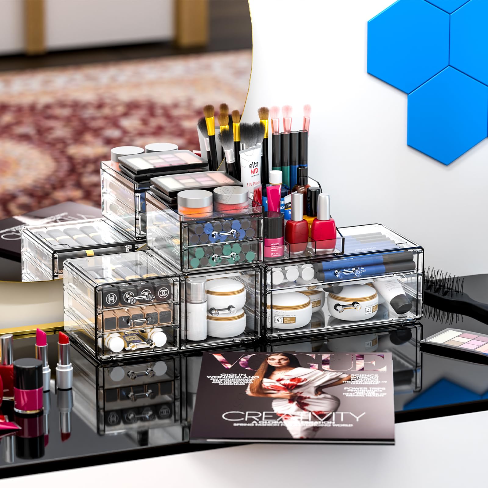 8-Drawer Clear Acrylic Makeup Organizer & Storage Case - Stackable Cosmetic Display Stand for Jewelry, Hair Accessories & Skincare Products | Perfect for Vanity, Bathroom & Dressing Table Organization