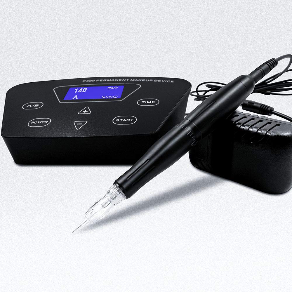 BIOAMSER P300 Permanent Makeup Tattoo Machine Kit with Foot Pedal, Rotary Pen, Practice Skin, 2 Microblading Inks & 10 Cartridge Needles - Professional Tattoo Equipment for Eyebrows, Lips & Beauty Salon Use