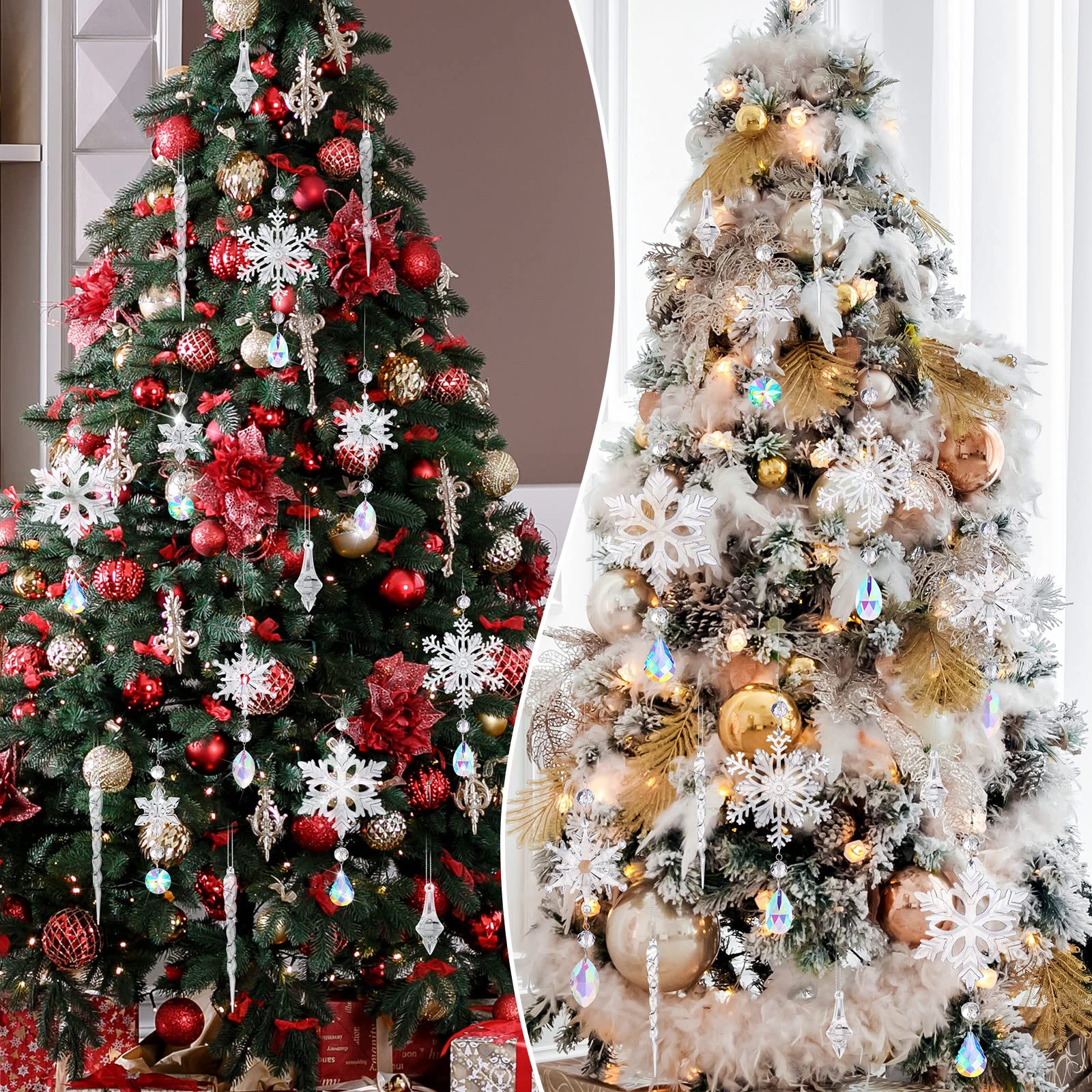 Christmas Snowflake Ornaments Set - Crystal Acrylic Hanging Decor with Silver Rope for Tree, Icicle Drops | Perfect for Holiday Home Decor, Xmas Party & Winter Wedding