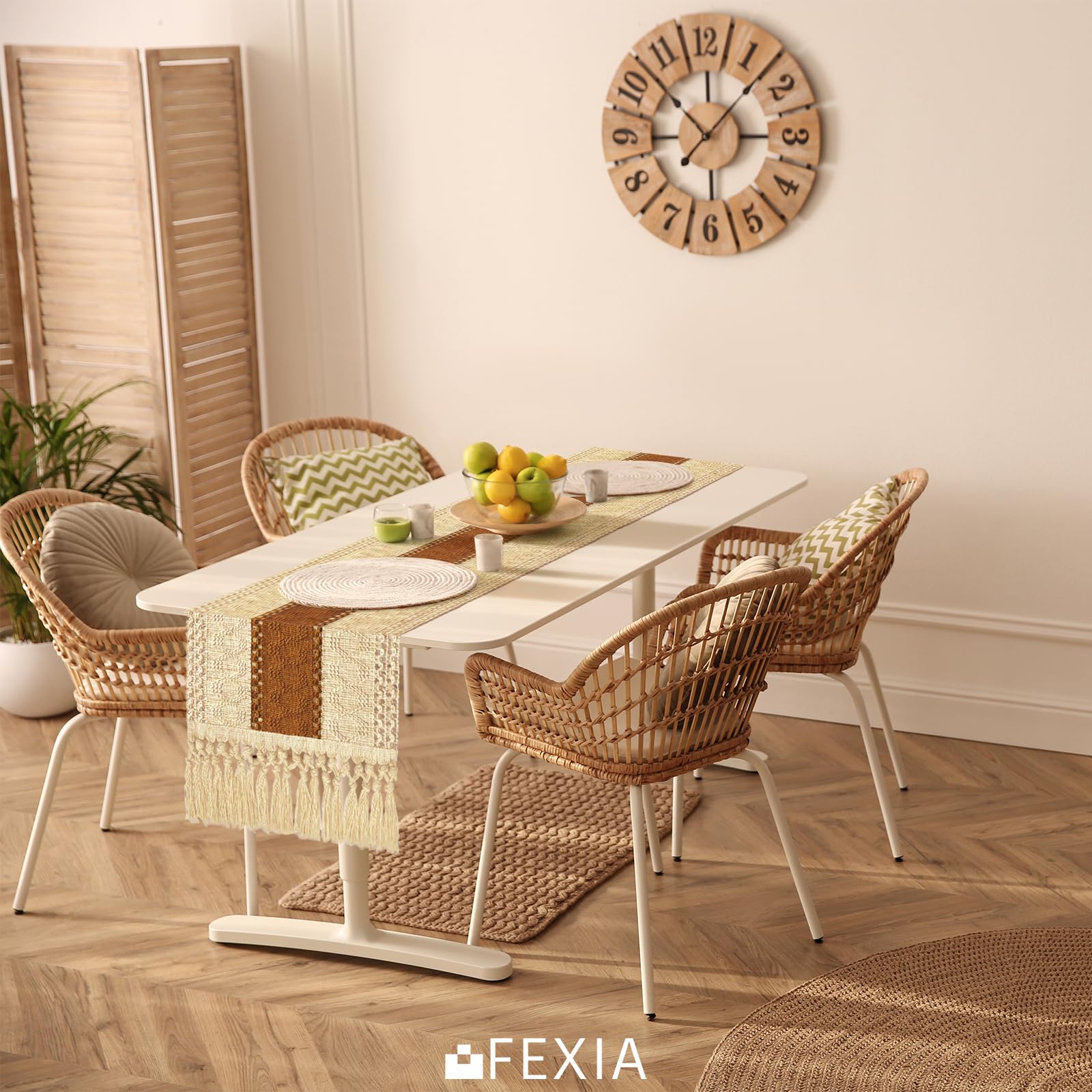FEXIA 90 Inch Macrame Table Runner with Tassels - Bohemian Farmhouse Style Dining Decor for Wedding, Bridal Shower & Party | Rustic Brown (12x90 Inches) | Perfect for Boho Chic Home, Outdoor Picnics & Holiday Tablescapes