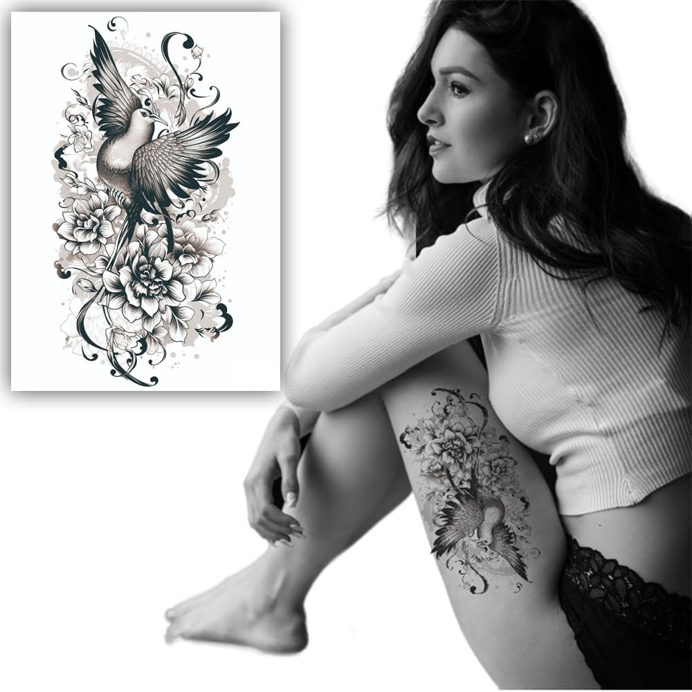 Realistic Majestic Bird & Floral Temporary Tattoo Stickers (2PCS) - Waterproof Fake Tattoos for Men & Women, 22x15 cm - Perfect for Parties, Festivals & Body Art Enthusiasts