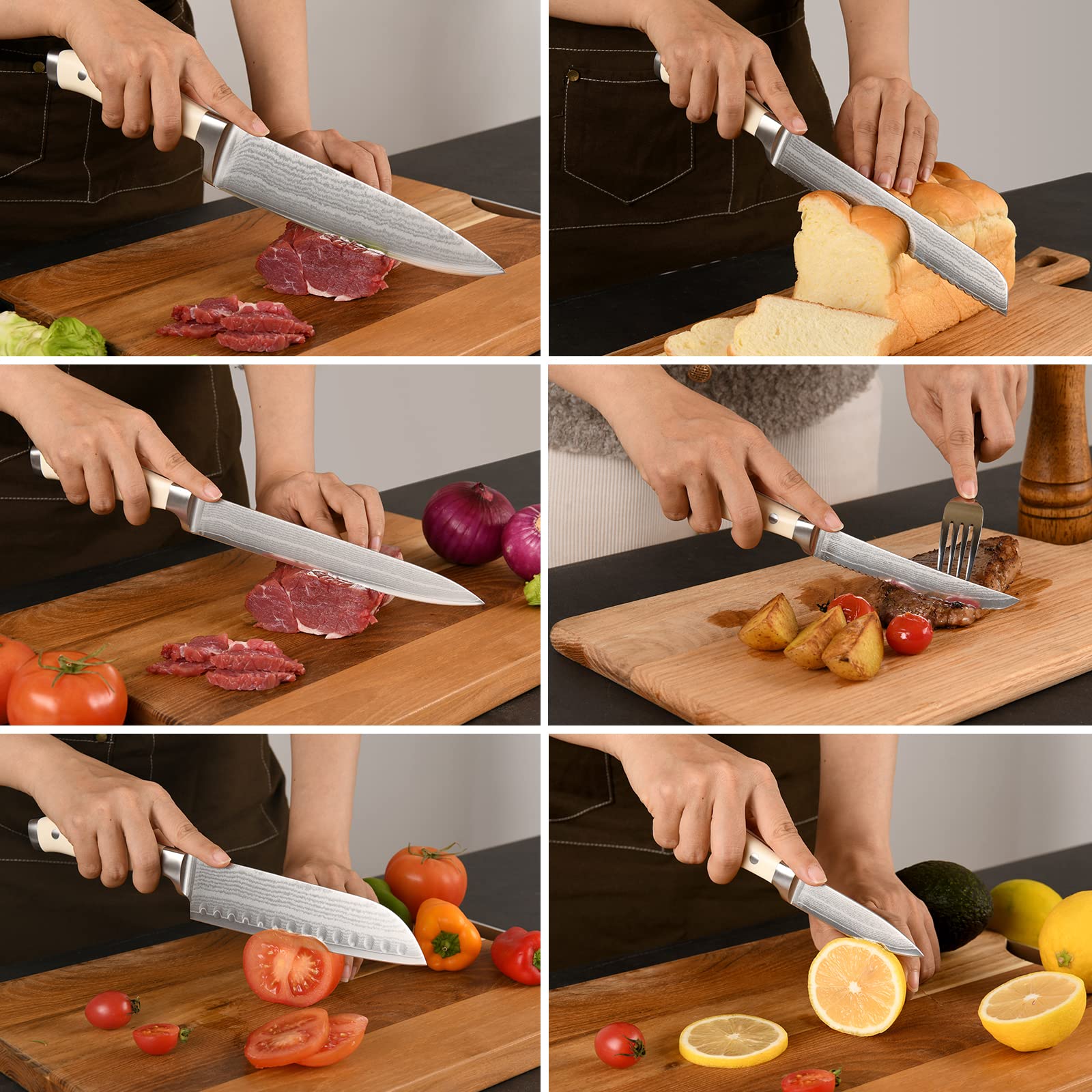 Premium 14-Piece Damascus Steel Knife Set with Wooden Block - Ergonomic ABS Handle, Knife Sharpener & Kitchen Shears - Professional Chef Knives for Chopping, Slicing, Dicing - Perfect for Home Cooking, Restaurant & Gourmet Food Preparation