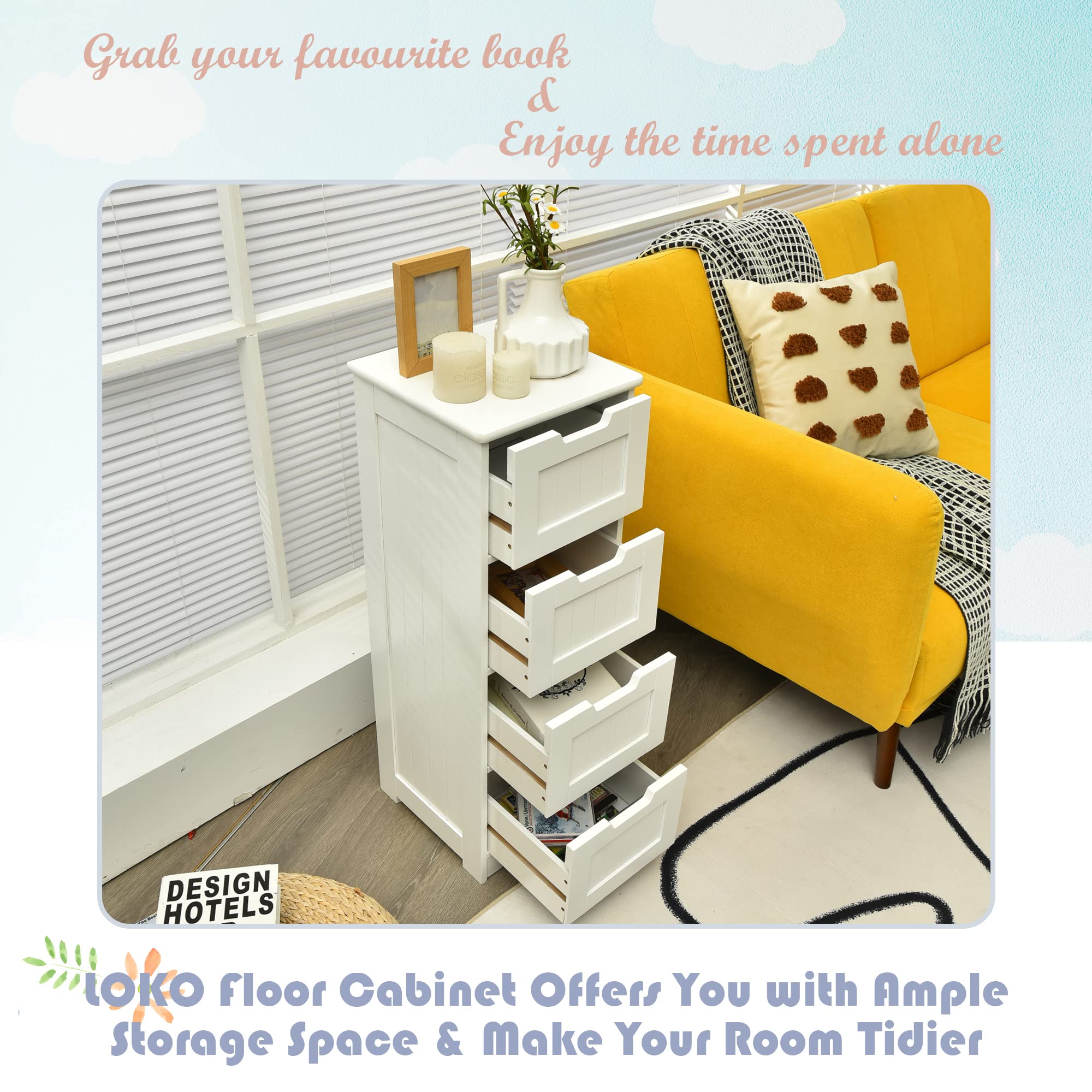 LOKO 4-Drawer Floor Storage Cabinet with Anti-Tip Safety Device, Multifunctional Bathroom Cabinet for Living Room, Kitchen, Bedroom - 12 x 12 x 32 Inches, White | Space-Saving Organizer for Towels, Toiletries & Home Essentials