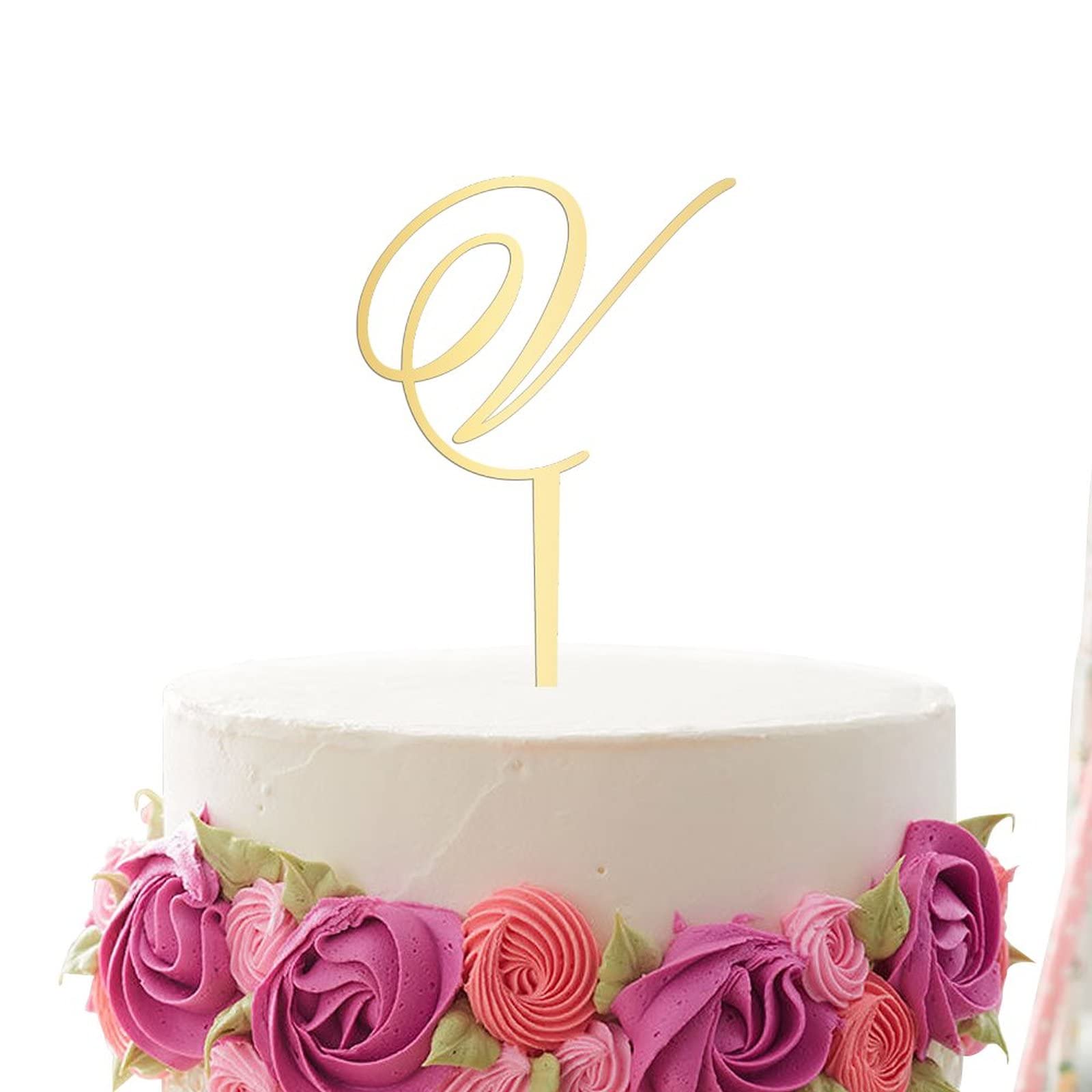 Gold Acrylic Monogram Cake Topper - Letter V Wedding Cake Decor for Anniversary, Birthday Party Supplies | Rustic Elegant Cake Topper for Wedding, Anniversary, Birthday Celebrations