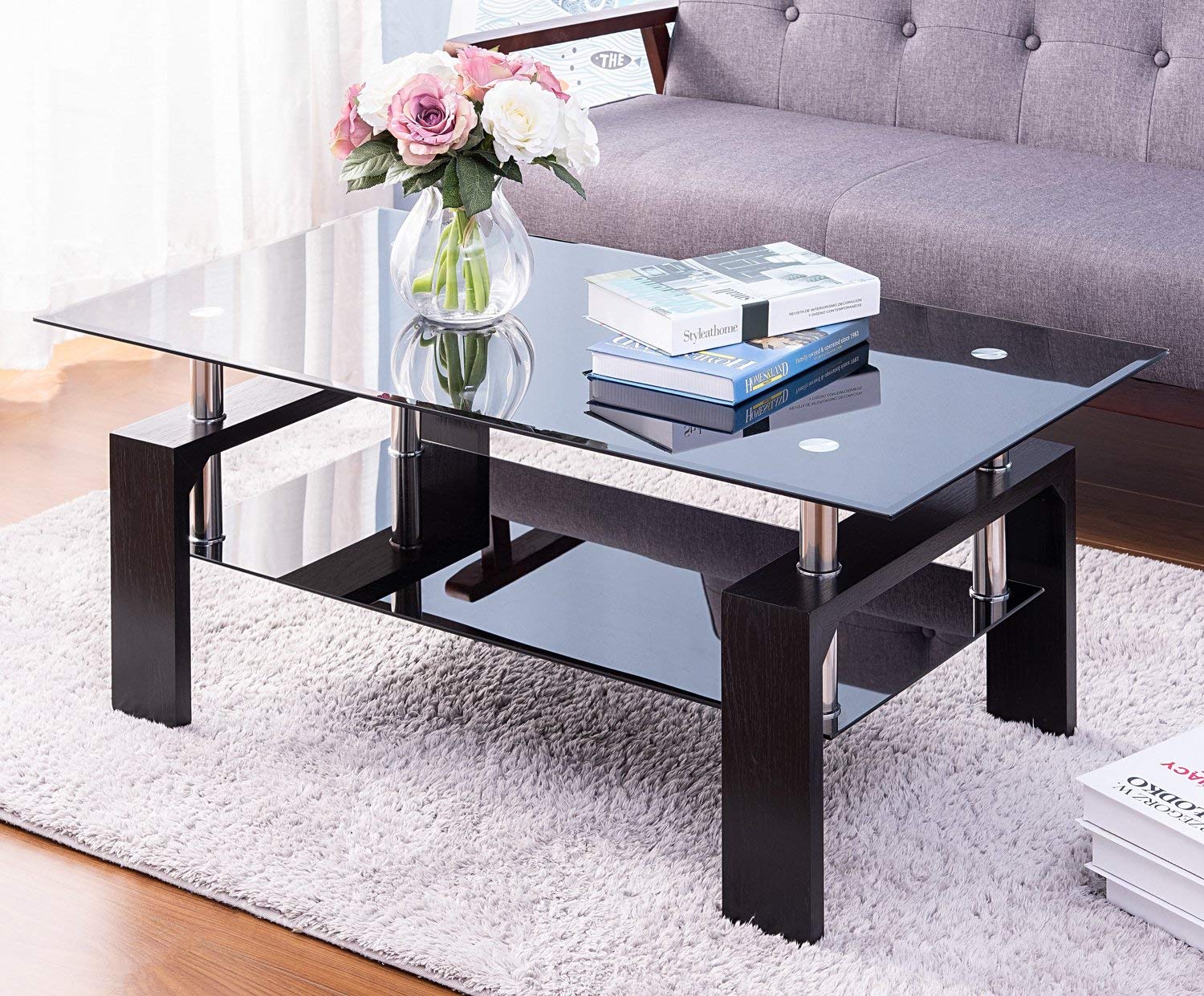 Black Glass Top Coffee Table with Wooden Legs - 2-Tier Rectangle Cocktail Table with Storage Shelf for Living Room, Modern Home Decor for Small Spaces, Perfect for Entertaining Guests