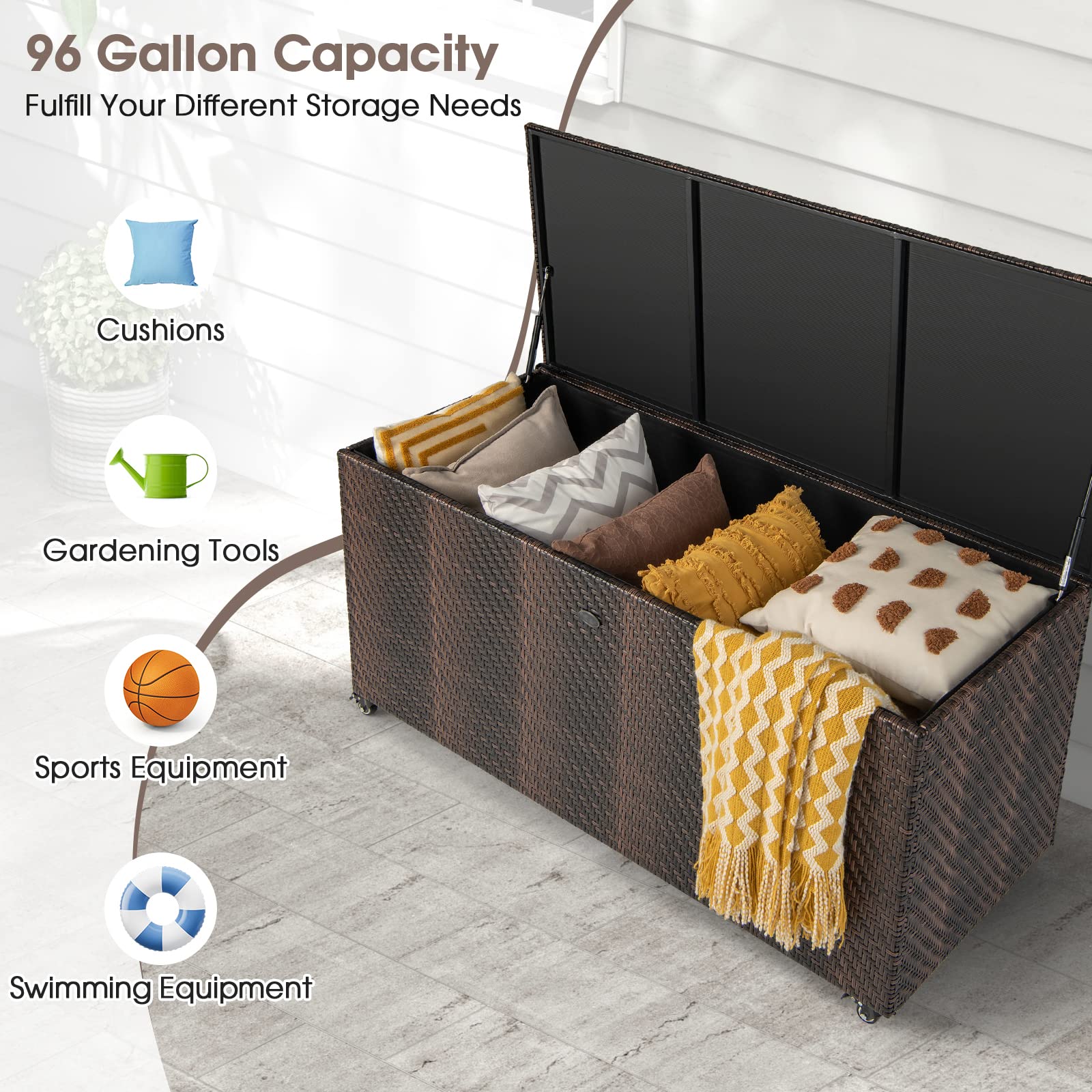 **96 Gallon Outdoor Rattan Deck Box with Wheels - PE Wicker Patio Storage Box with Liner, 2-in-1 Multifunctional Storage for Patio Furniture Cushions, Garden Tools & Pool Accessories - Perfect for Backyard, Deck, and Poolside Organization**