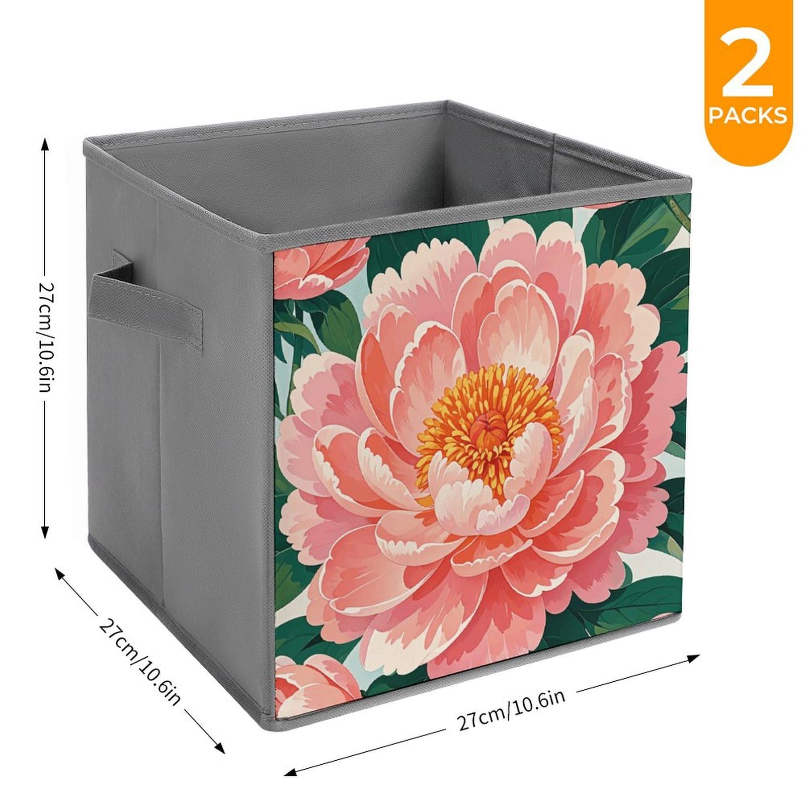 2PCS Collapsible Storage Bins with Handles - Peach Peony Print for Shelves & Home Organization