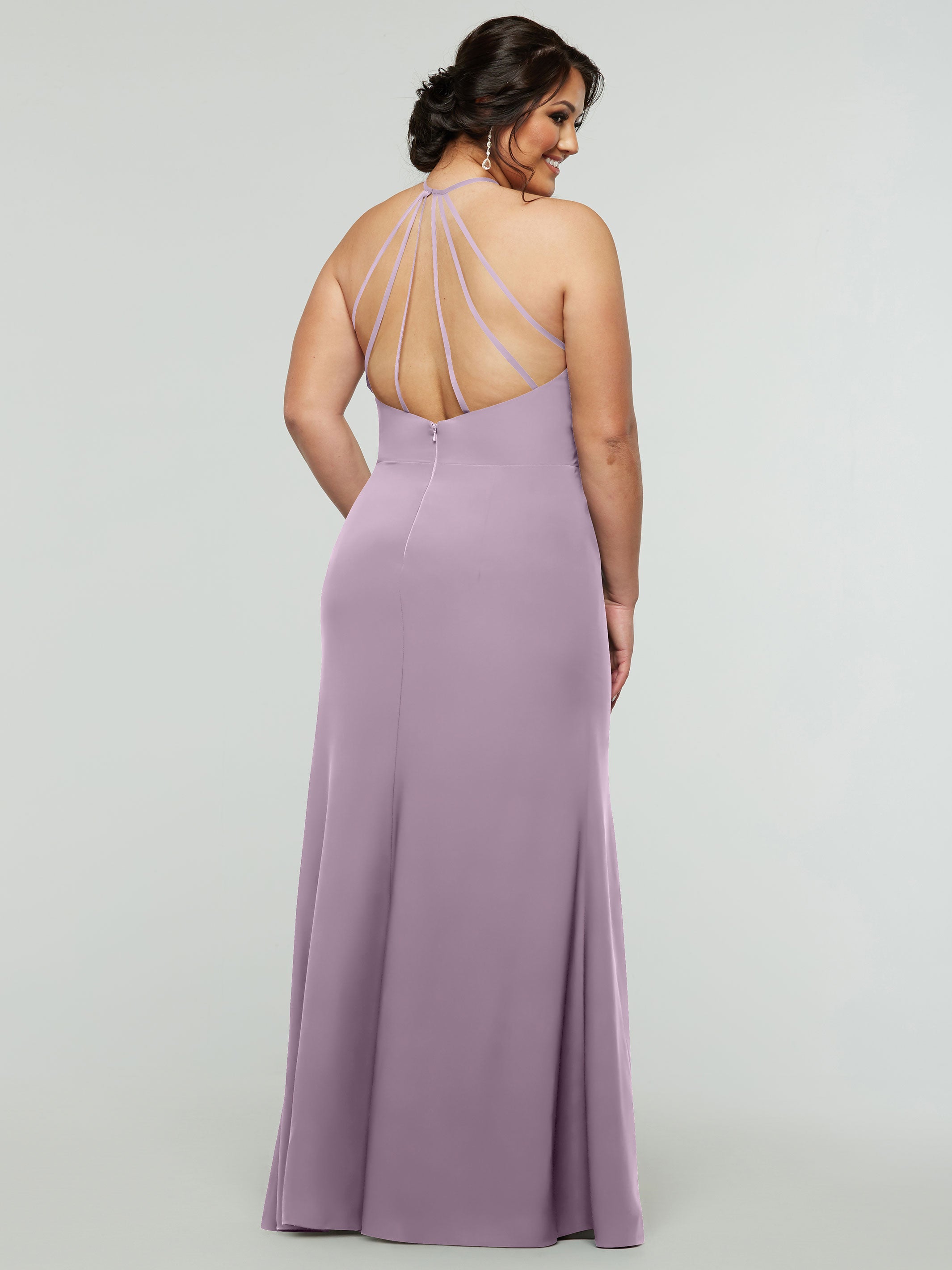 Elegant 83031 Fit and Flare Stretch Chiffon Bridesmaid Dress with Halter Neck & High Slit - Perfect for Weddings, Parties, and Formal Events