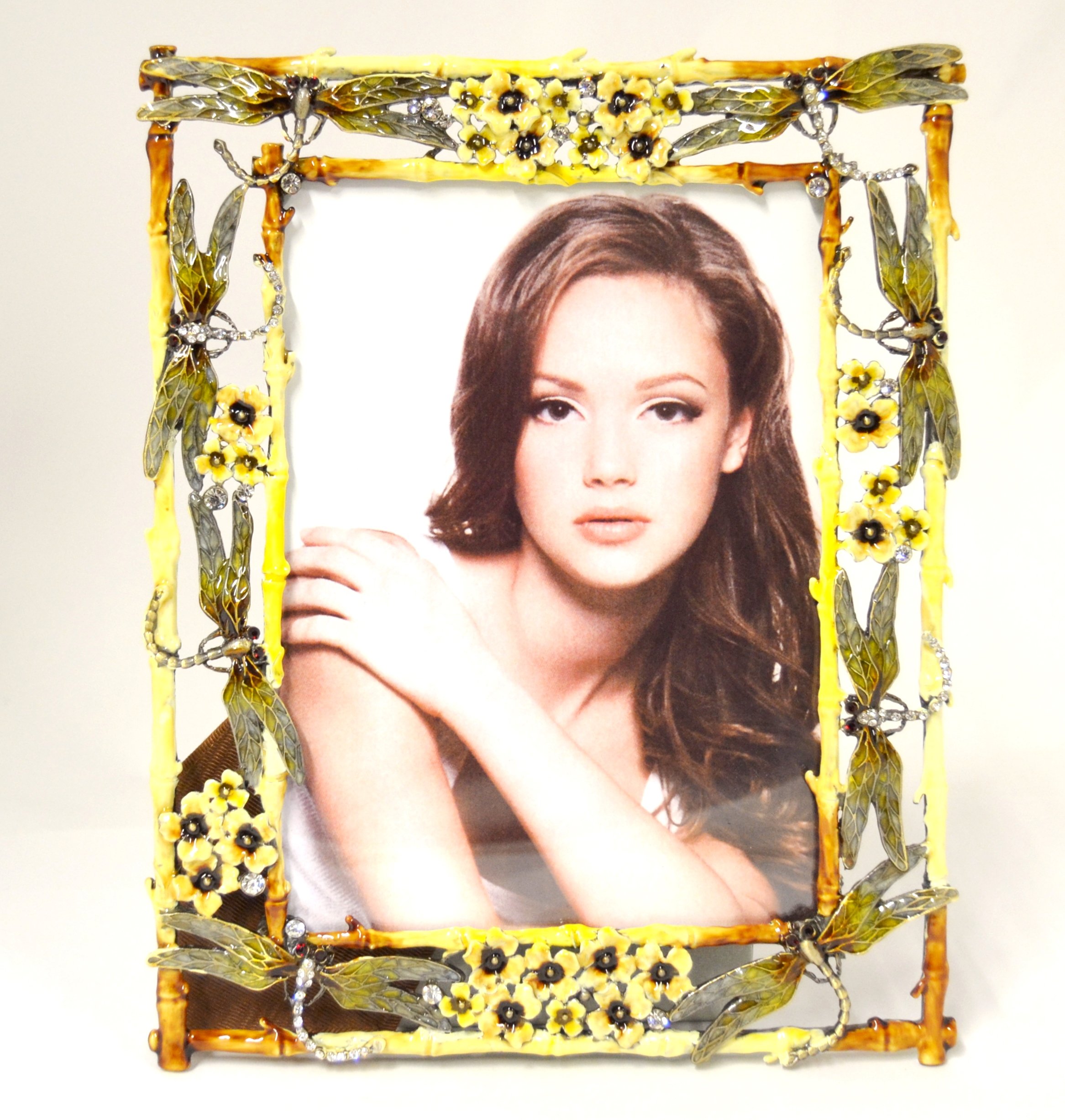 Hand Painted Floral Dragonfly Picture Frame with Brown & Yellow Enamel and Austrian Crystals - Perfect for Home Decor, Wedding Gifts & Wall Art Displays
