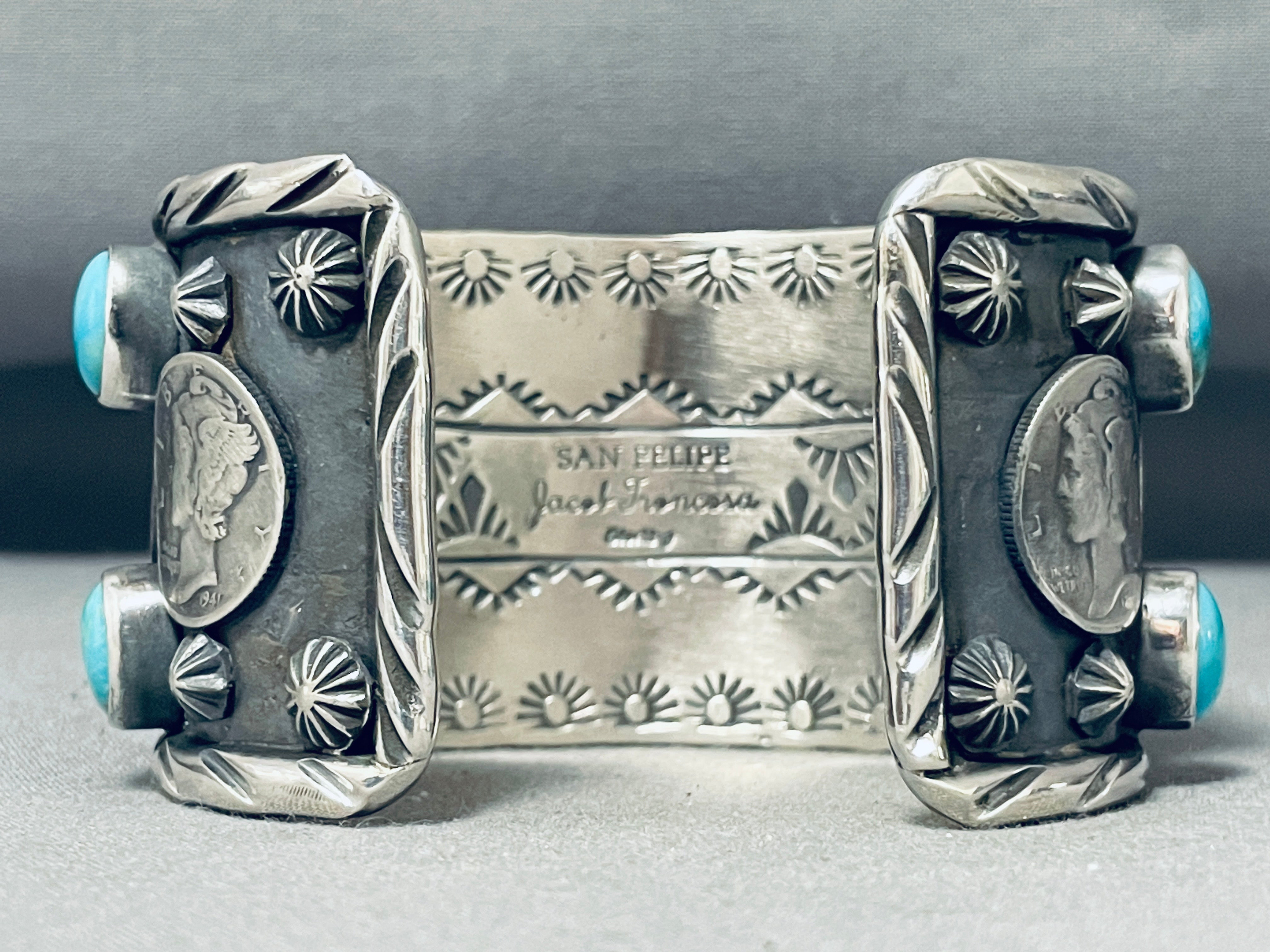 102 Gram Heavy San Felipe Turquoise Sterling Silver Coin Bracelet for Women - Handmade Southwest Native American Jewelry - Perfect for Boho Fashion, Gift Giving & Special Occasions