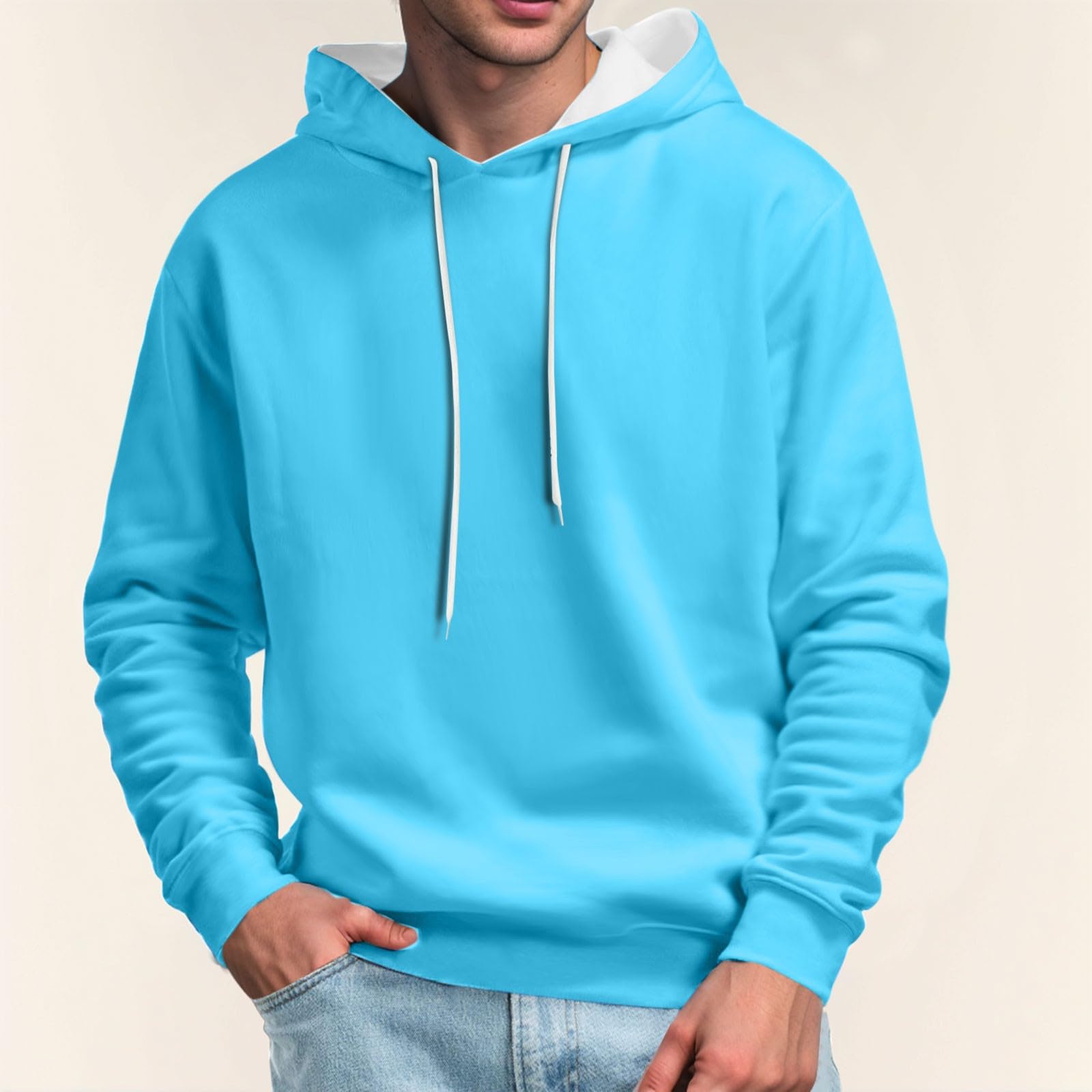Men's Long Sleeve Drawstring Plain Hooded Sweatshirt - Solid Color Pullover Hoodie for Casual Wear, Workout & Outdoor Activities